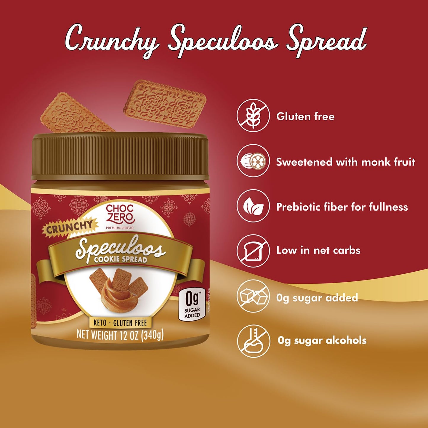 Choczero Speculoos Cookie Butter Spread, Crunchy, No Added Sugar, Low Carb, Naturally Sweetened With Monk Fruit, 12Oz