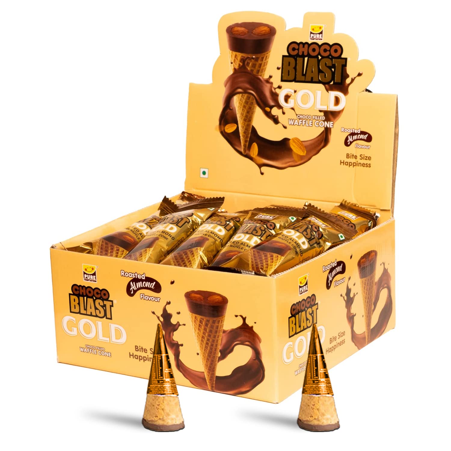 Pure Temptation Chocoblast Roasted Almond Waffle Cones [36 Pcs] Gluten Free Snacks For Kids & Adults - Non-Meltable Chocolate Gi