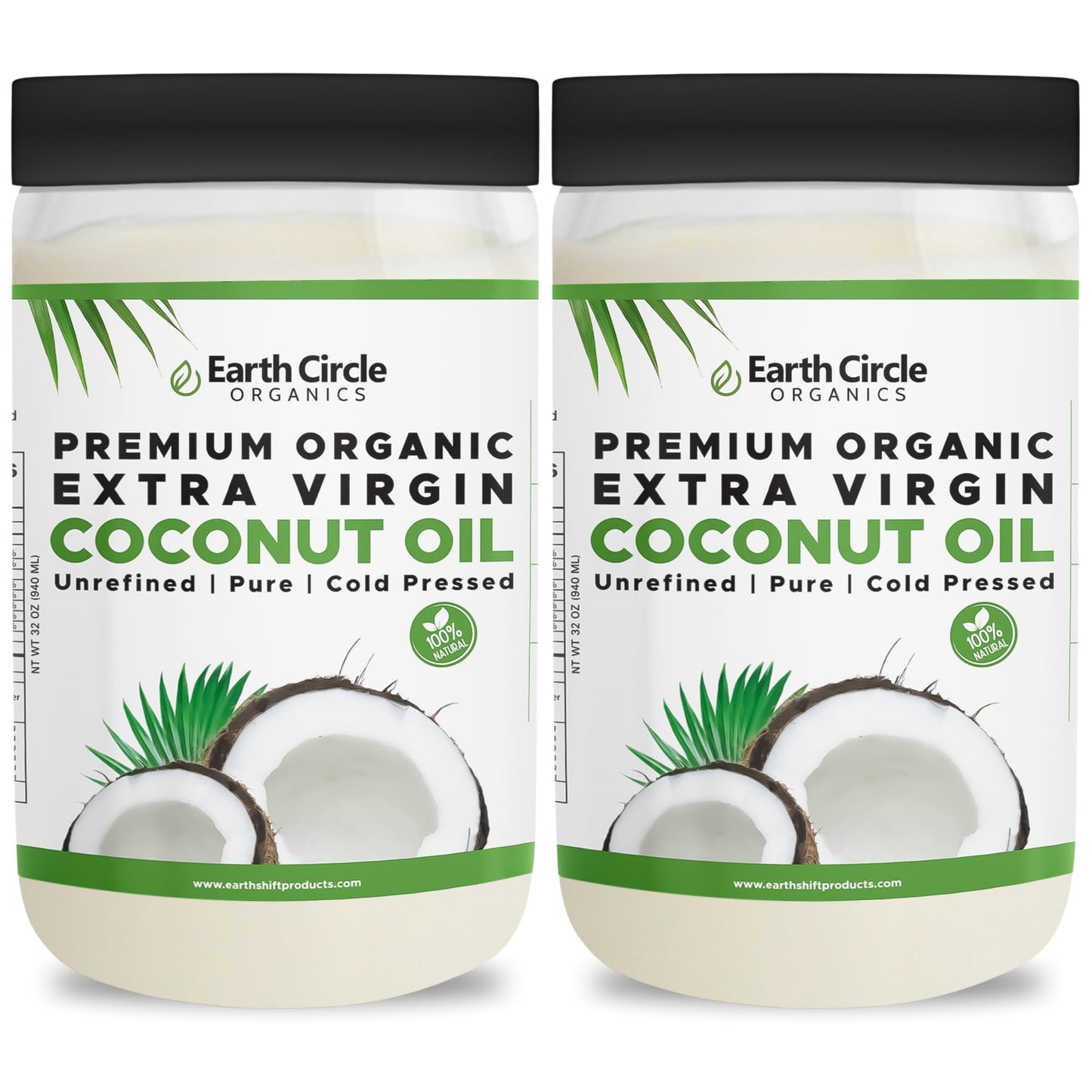 Earth Circle Organics Extra Virgin Coconut Oil, Cold Pressed, 32 Fl Oz (Pack of 2) - Gluten-Free, Keto & Paleo Friendly