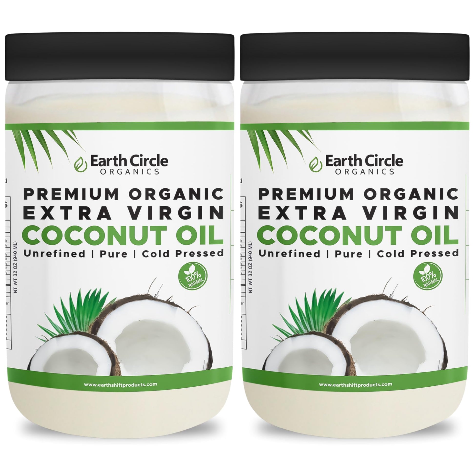 Earth Circle Organics Extra Virgin Coconut Oil, Cold Pressed, 32 Fl Oz (Pack of 2) - Gluten-Free, Keto & Paleo Friendly