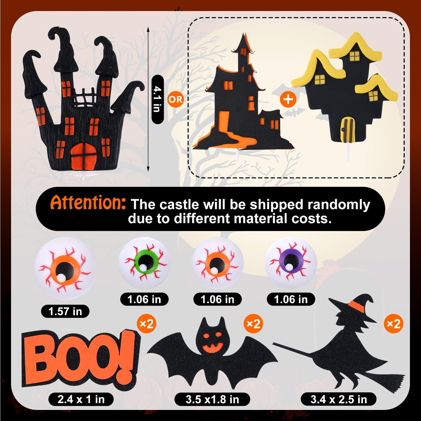 HIYZI Halloween Cake Toppers 48 Pcs 3D Decorations, Plastic, Witch, Bat, Castle, Spider, Skull, Pumpkin, Eyeballs, Hands, Tombstone