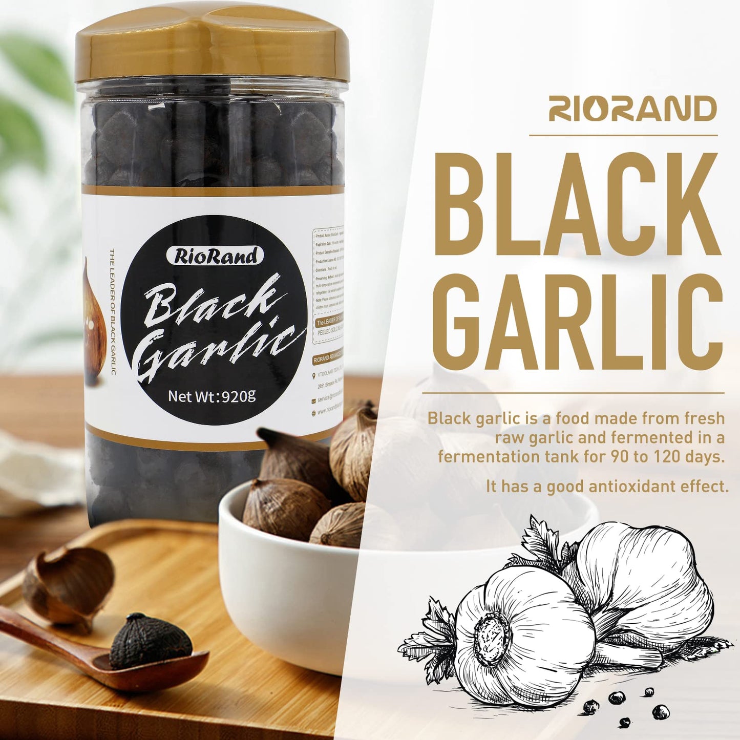 Riorand Black Garlic 920G/2.02 Lbs Whole Peeled Black Garlic Aged For Full 90 Days