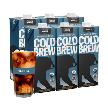 Wandering Bear Organic Vanilla Cold Brew Coffee  32 fl oz  6 pack - Extra Strong  Bold  Smooth  Unsweetened  Shelf-Stable  Ready to Drink  Gluten Free  & Vegan  Iced Cold Brewed Coffee Drinks