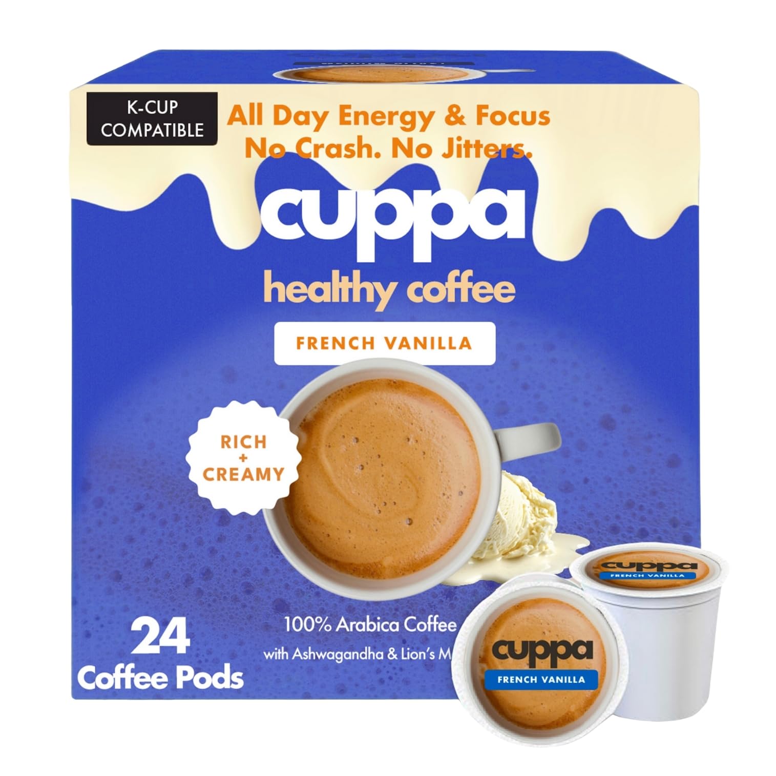 Cuppa French Vanillla Healthy Mushroom Coffee Single Serve Pods (K-Cups) With LionS Mane & Ashwagandha For All Day Energy & Focus - No Crash Or Jitters - Nootropics For Brain Health  Gut Health  Immunity  Stress  Memory + Mood - 24 Servings