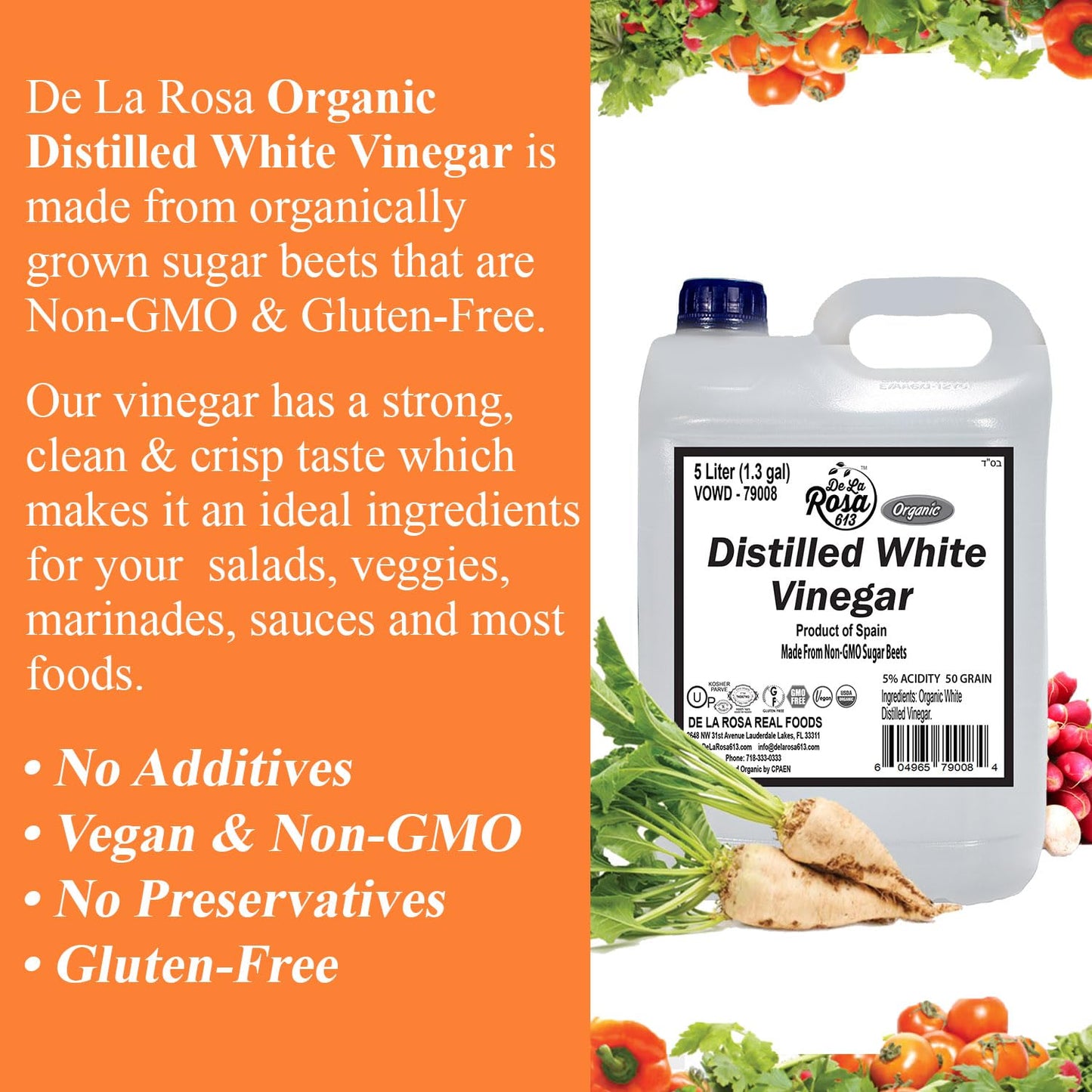 De La Rosa Organic Distilled White Vinegar, Raw & Unfiltered, 5 Liter, Vegan, Gluten Free, Kosher for Passover