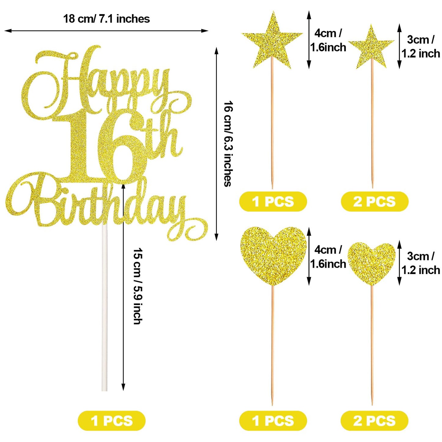HOGRTi 16th Birthday Cake Decorations Set, Gold Series, Includes Cake Candles and Toppers for Birthday Party