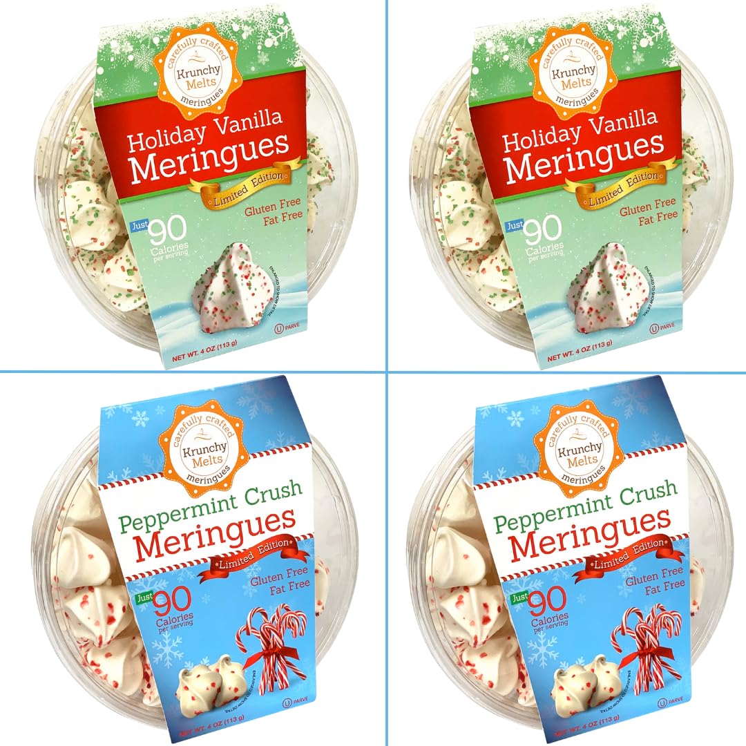 4 Pack Krunchy Melts Original Meringue Cookies | Holiday Season 4-Pack | 2 Holiday Vanilla, 2 Peppermint Crush | Only 80-90 Calo