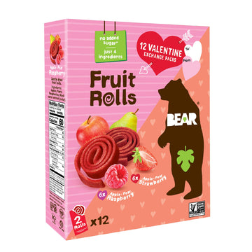 Bear Valentines Day Strawberry & Raspberry Fruit Rolls Variety Pack, 12 Pack (2 Rolls Per Pack) - Gluten Free, Vegan, and Non-GM