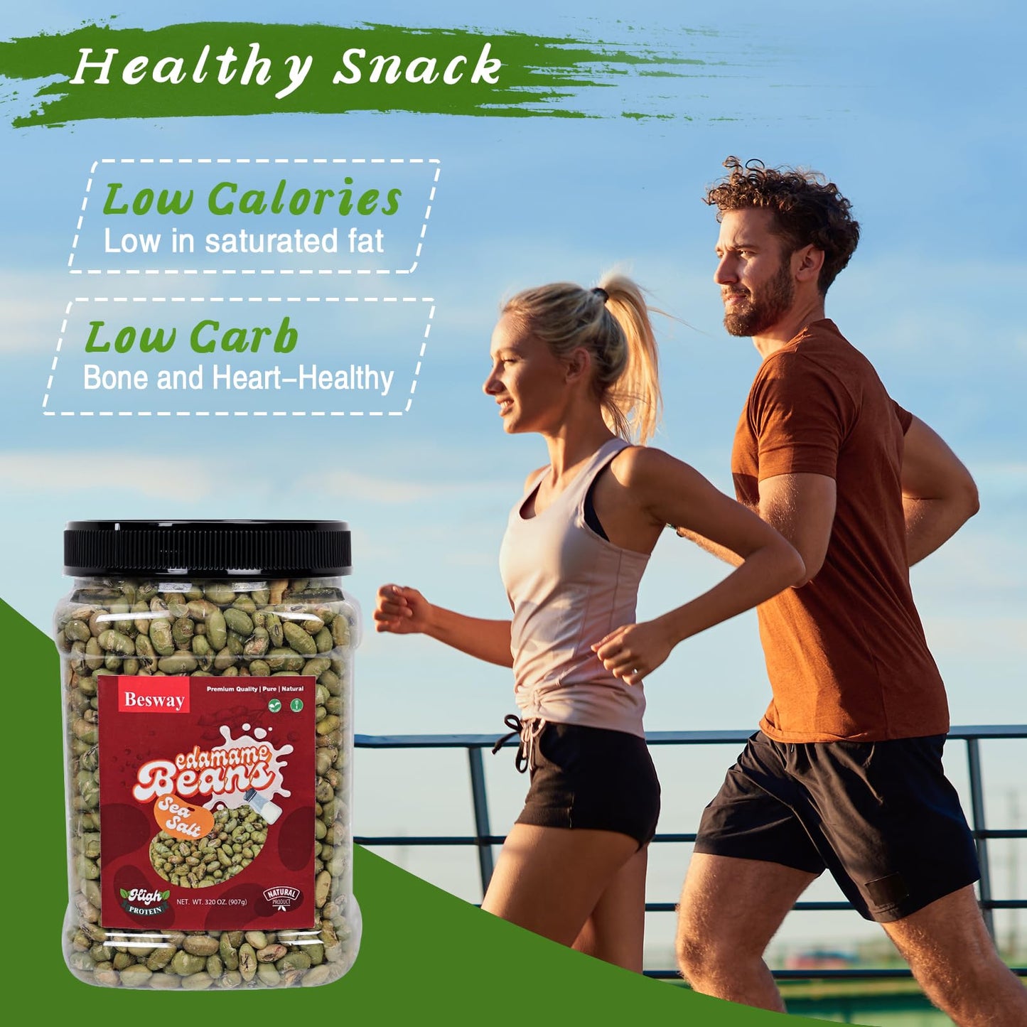 Besway Sea Salt Dry Roasted Edamame 2 Lb, High Protein Crunchy Snack, Non-Gmo, Vegan, Gluten-Free, Transparent Plastic Jar 906 G