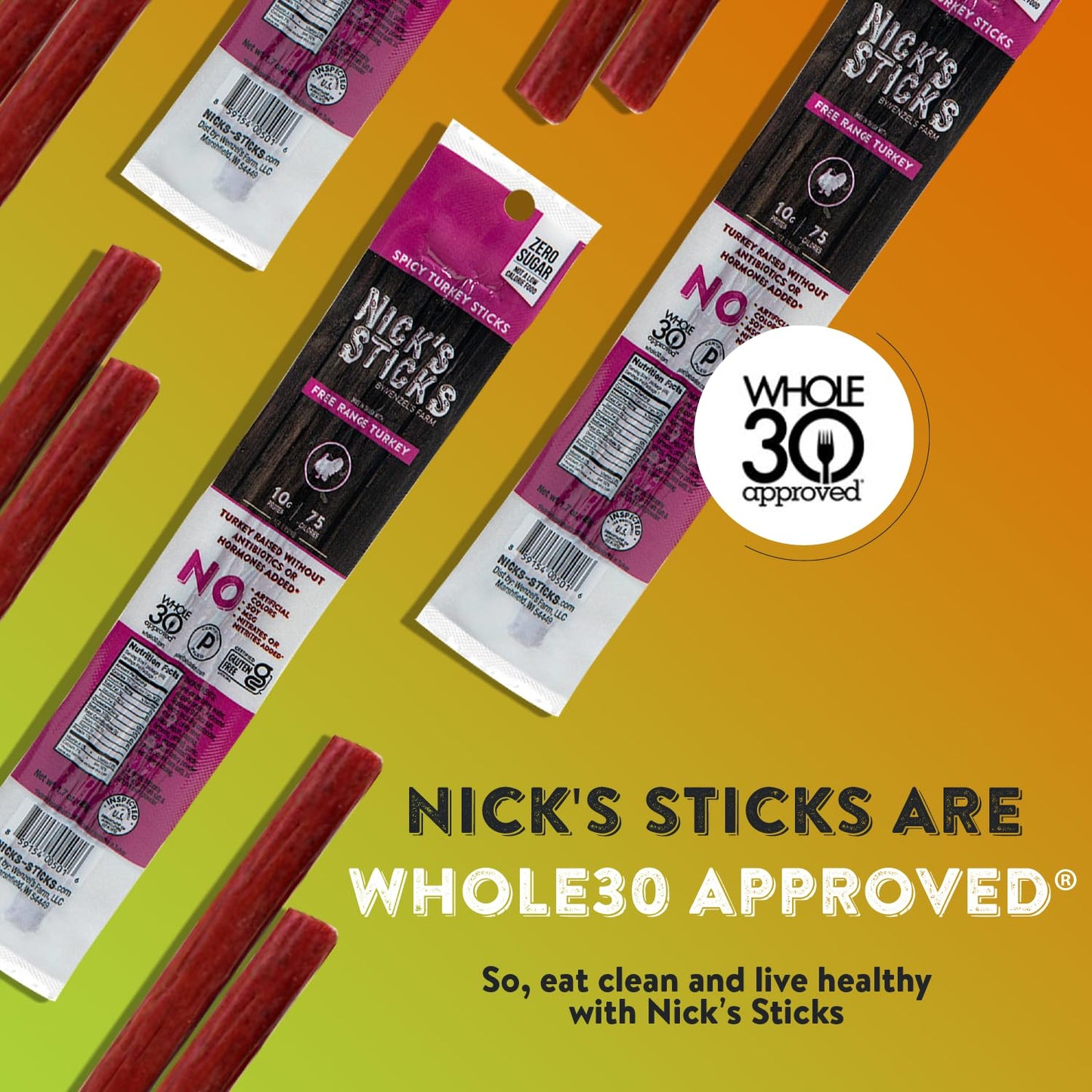 Nicks Sticks Clean & Balanced Spicy Free Range Turkey Snack Sticks | Made in the USA | Gluten Free | Paleo, Keto, Whole30 Appro