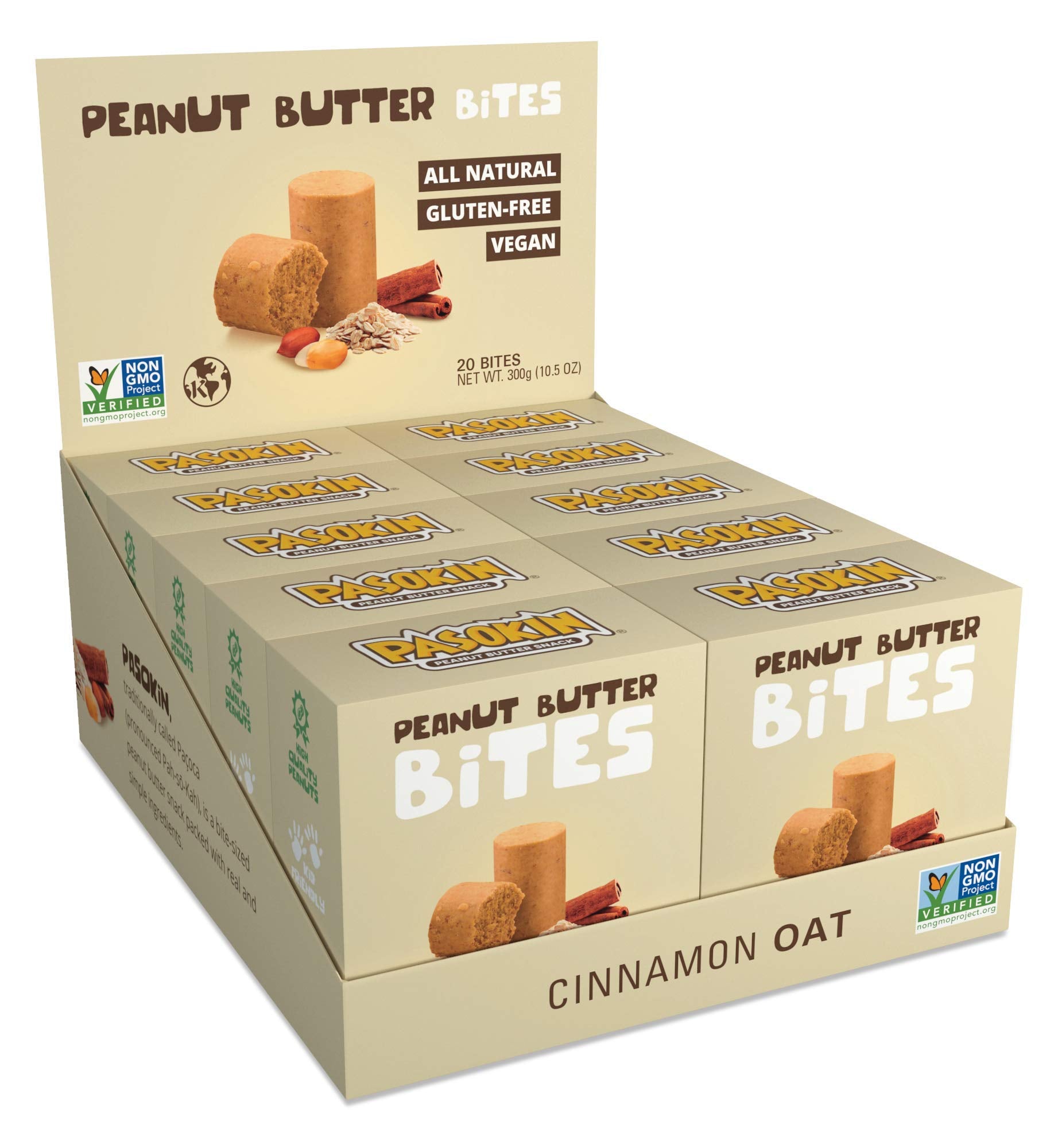 Pasokin | Cinnamon Oat Peanut Butter Snack, All Natural Pb Bites | Kosher, Gluten Free, Vegan Protein | Pacoca Made In Usa, 0.5Oz Bites [20 Count]