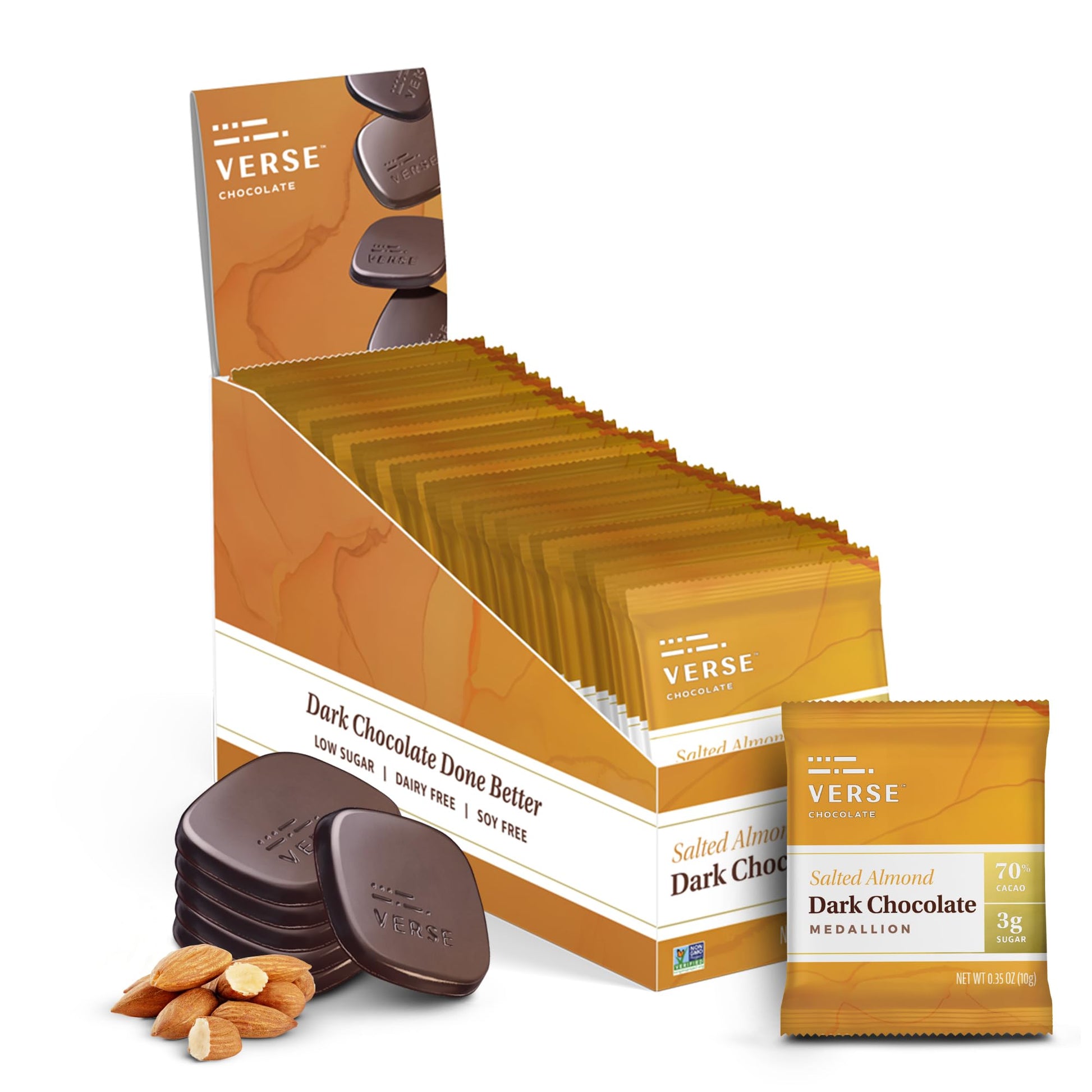 Verse 70% Dark Chocolate With Almonds - Only 3G Cane Sugar - Creamy Dark Cocoa Squares - Individually Wrapped Chocolates (30 Count)