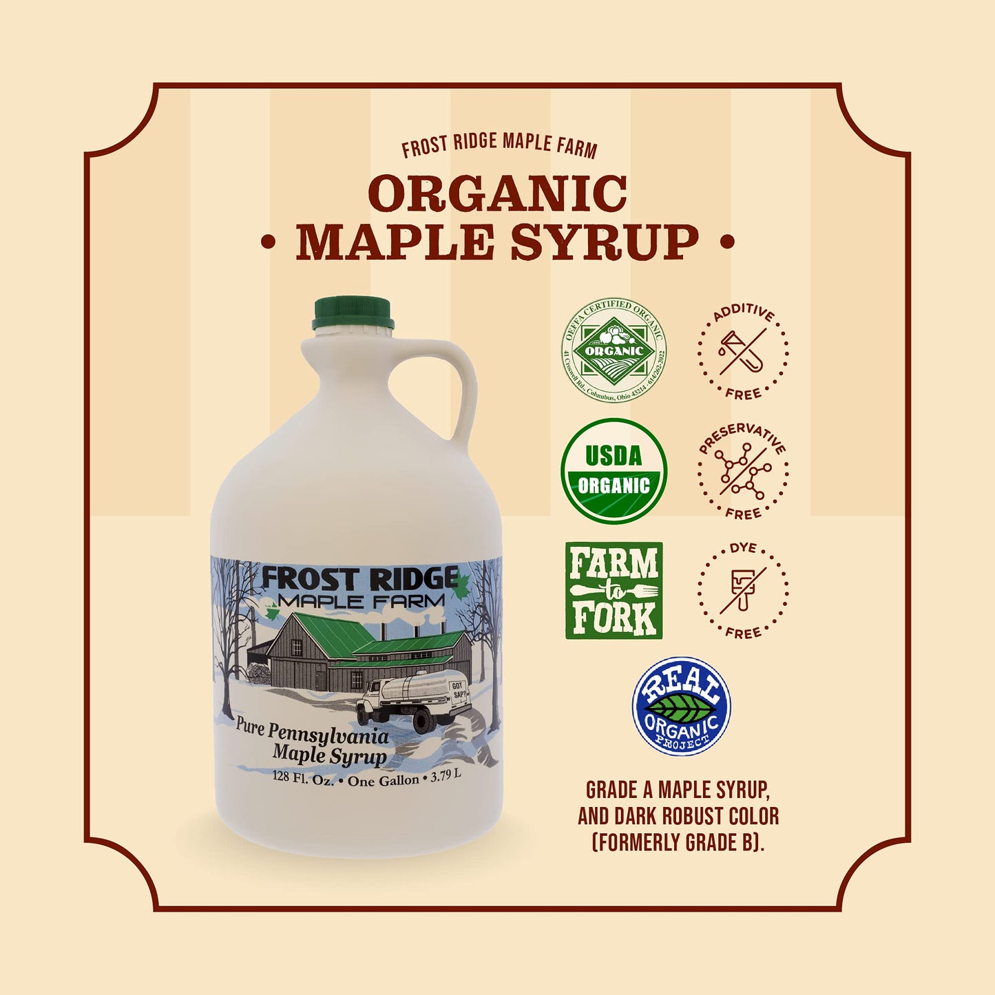 Frost Ridge Maple Farm Organic Maple Syrup, Grade A, Dark Robust, Gallon (128 FL Oz)