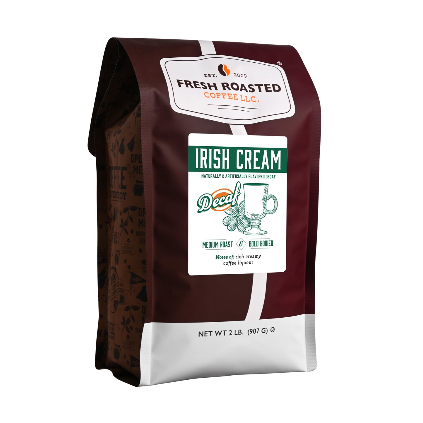 Fresh Roasted Coffee Decaf Irish Cream Flavored Whole Bean, Medium Roast, 2 lb (32 oz)