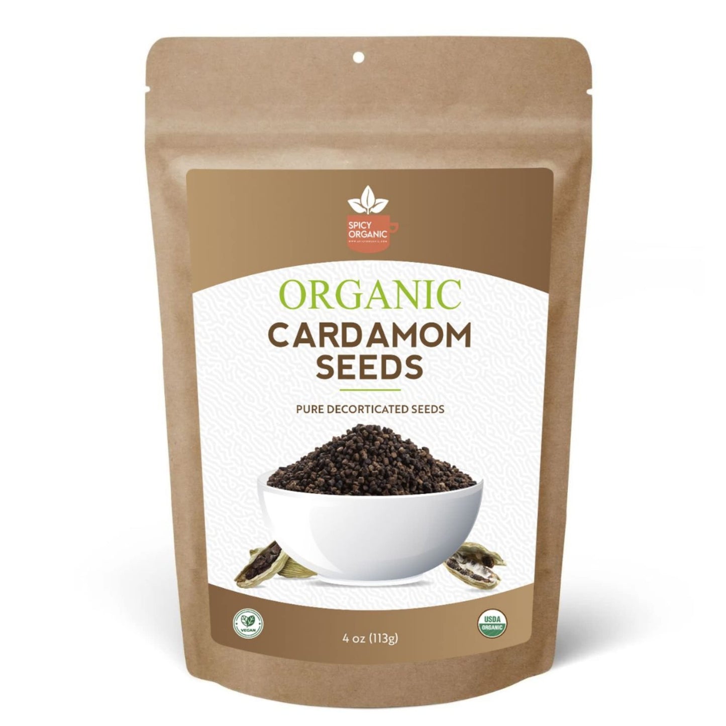 SPICY ORGANIC Decorticated Organic Cardamom Seeds – 100% USDA Organic – 8 Oz.