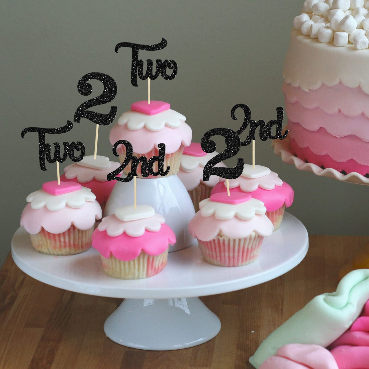 24Pcs Two Cupcake Toppers Glitter 2nd Birthday Cupcake Pick Decorations for Baby Shower Second Birthday Party Cake Decorations S