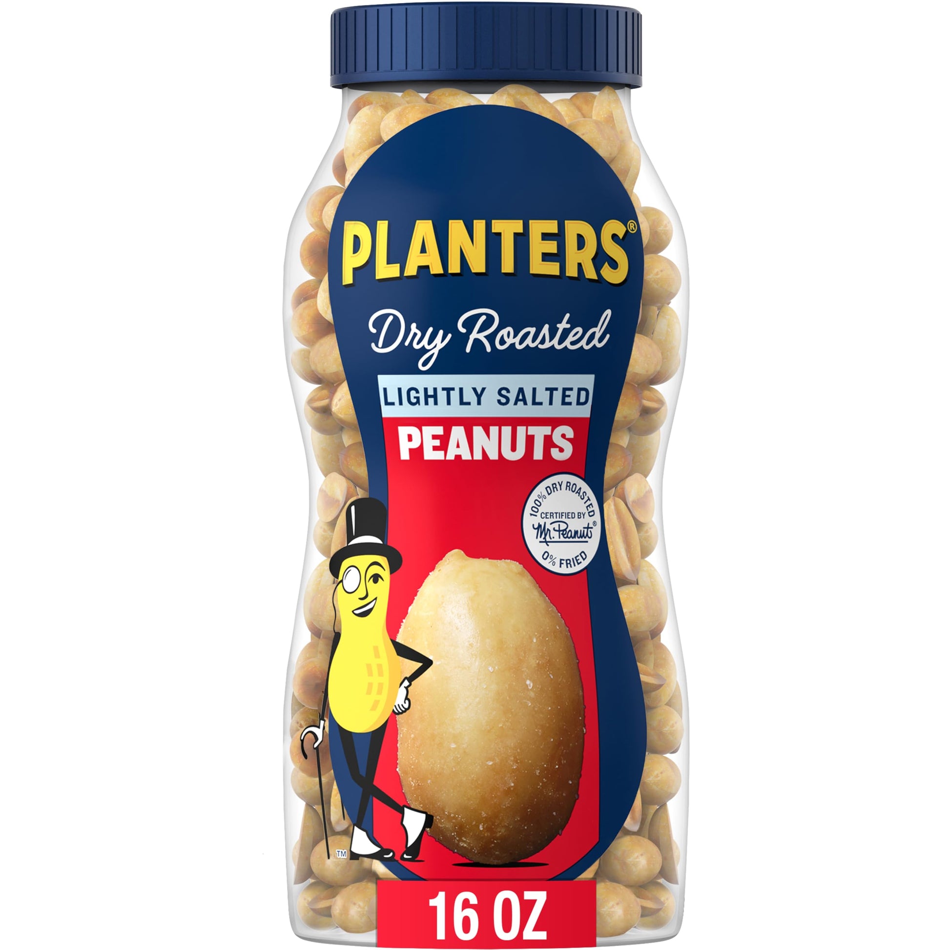 Planters Dry Roasted Peanuts, Lightly Salted Peanuts, Resealable Jar, Kosher, Roasted Nuts, Snack, 16Oz Jar (6 Pack)