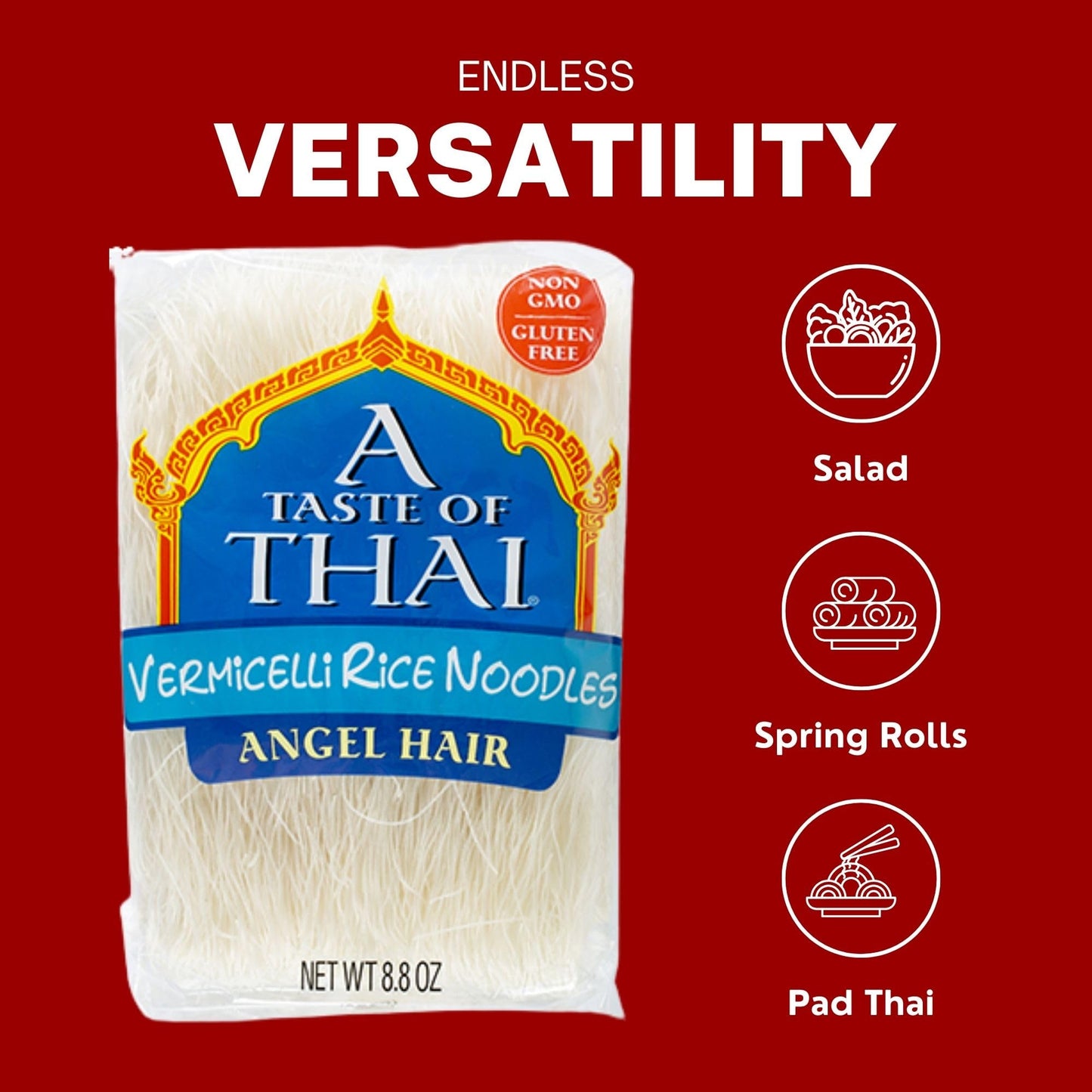 A Taste of Thai Vermicelli Rice Noodles - Gluten-Free, No Preservatives, 8.8oz Pack of 6