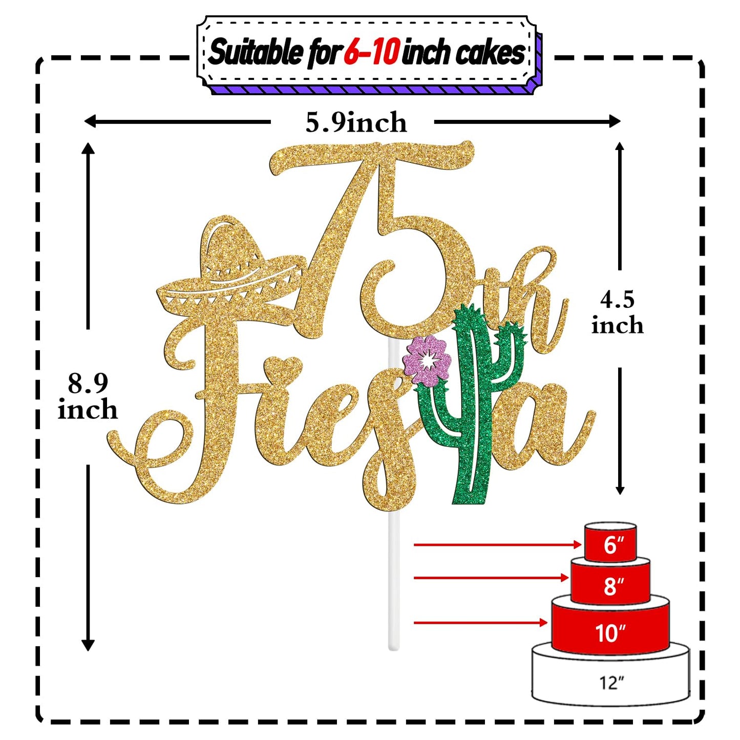 Tivurcia Fiesta 75th Cake Topper, Gold Tropical Hawaiian Theme Decoration Supplies