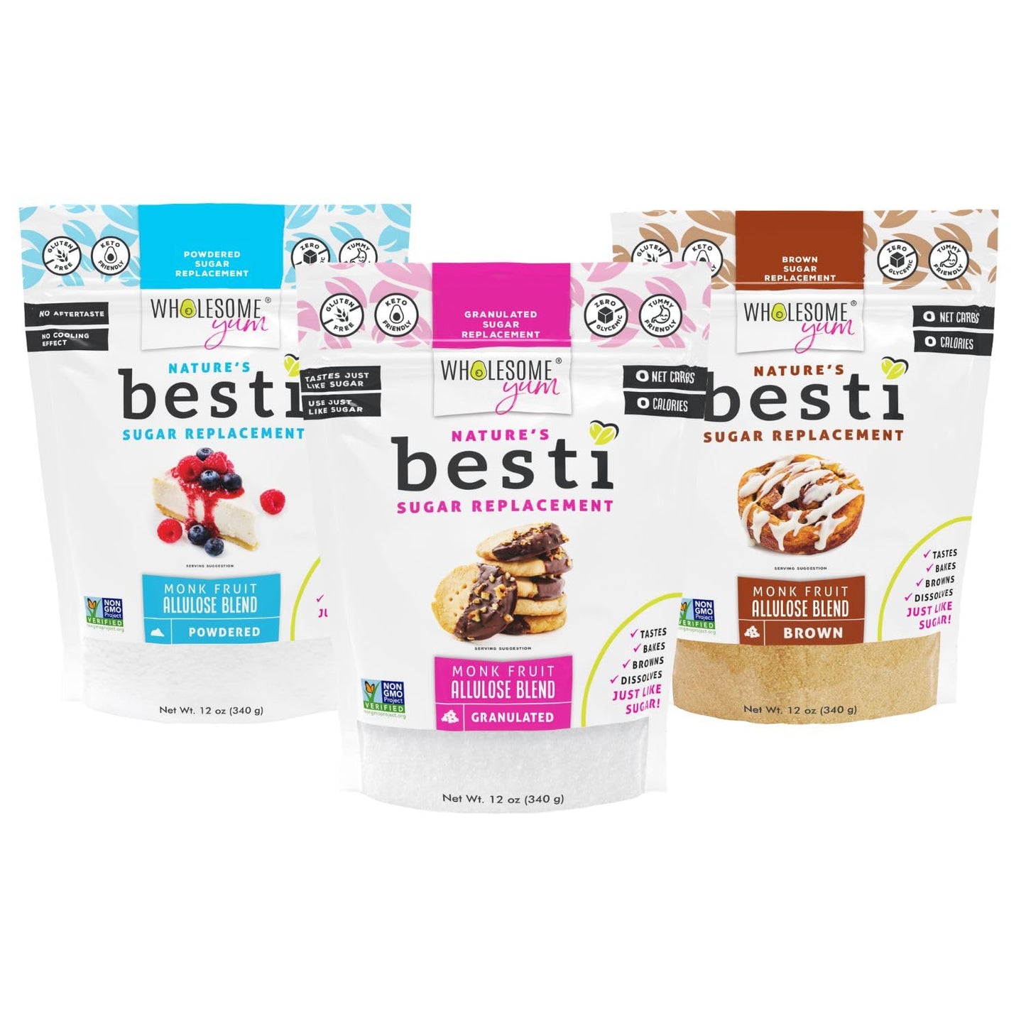 Wholesome Yum Besti Natural Sugar Substitute Multi Pack - Granulated  Powdered  Brown - Monk Fruit Sweetener Blend With Allulose (No Erythritol) - Keto  Non GMO  Zero Calorie  Zero Carb (12 oz 3-Pack)