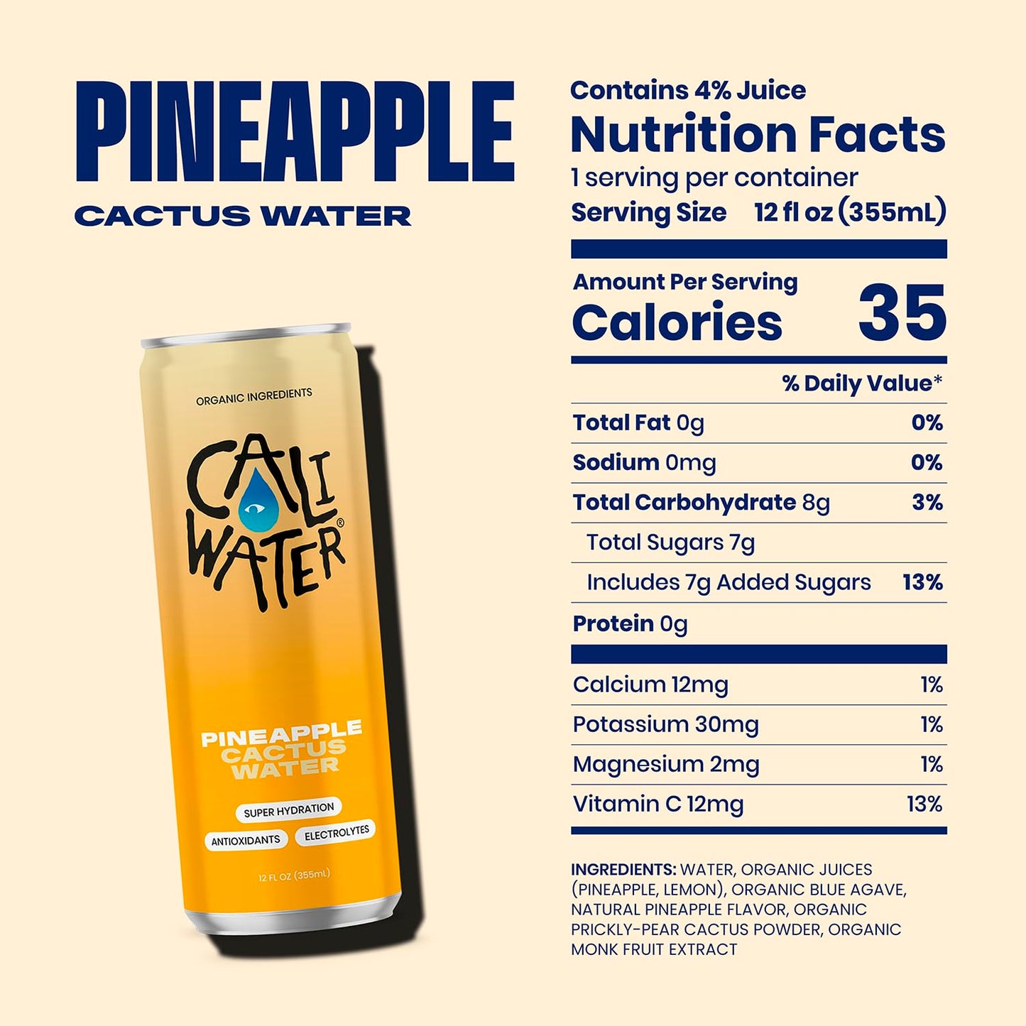 Caliwater Organic Nopal Cactus Water with Rare Antioxidants + Electrolytes for Hydration and Recovery, Plant-Based, Non-GMO, Non
