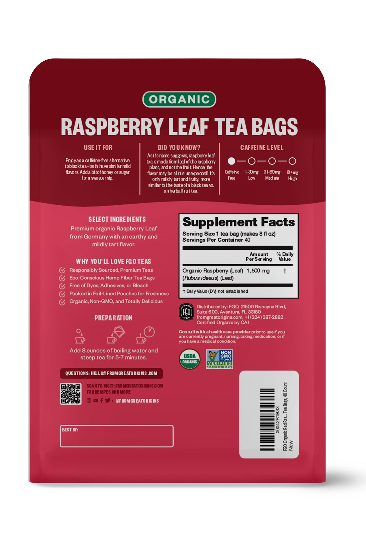 FGO Organic Red Raspberry Leaf Herbal Tea Bags, Caffeine Free, 40 Count, Eco-Conscious Packaging