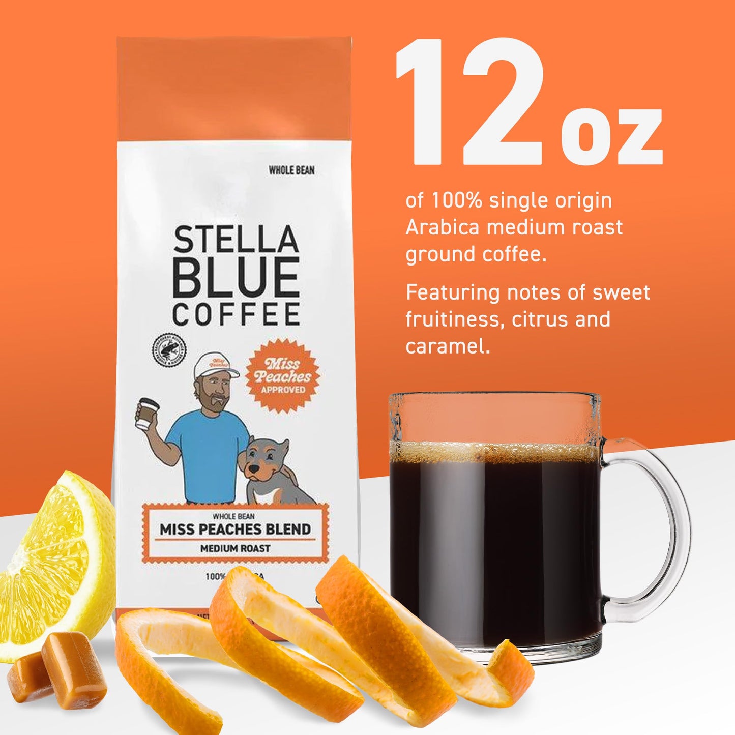 Stella Blue Fresh Whole Bean Coffee, Miss Peaches Blend, 100% Arabica Medium Roast, 12 oz Bag, Ethically Sourced