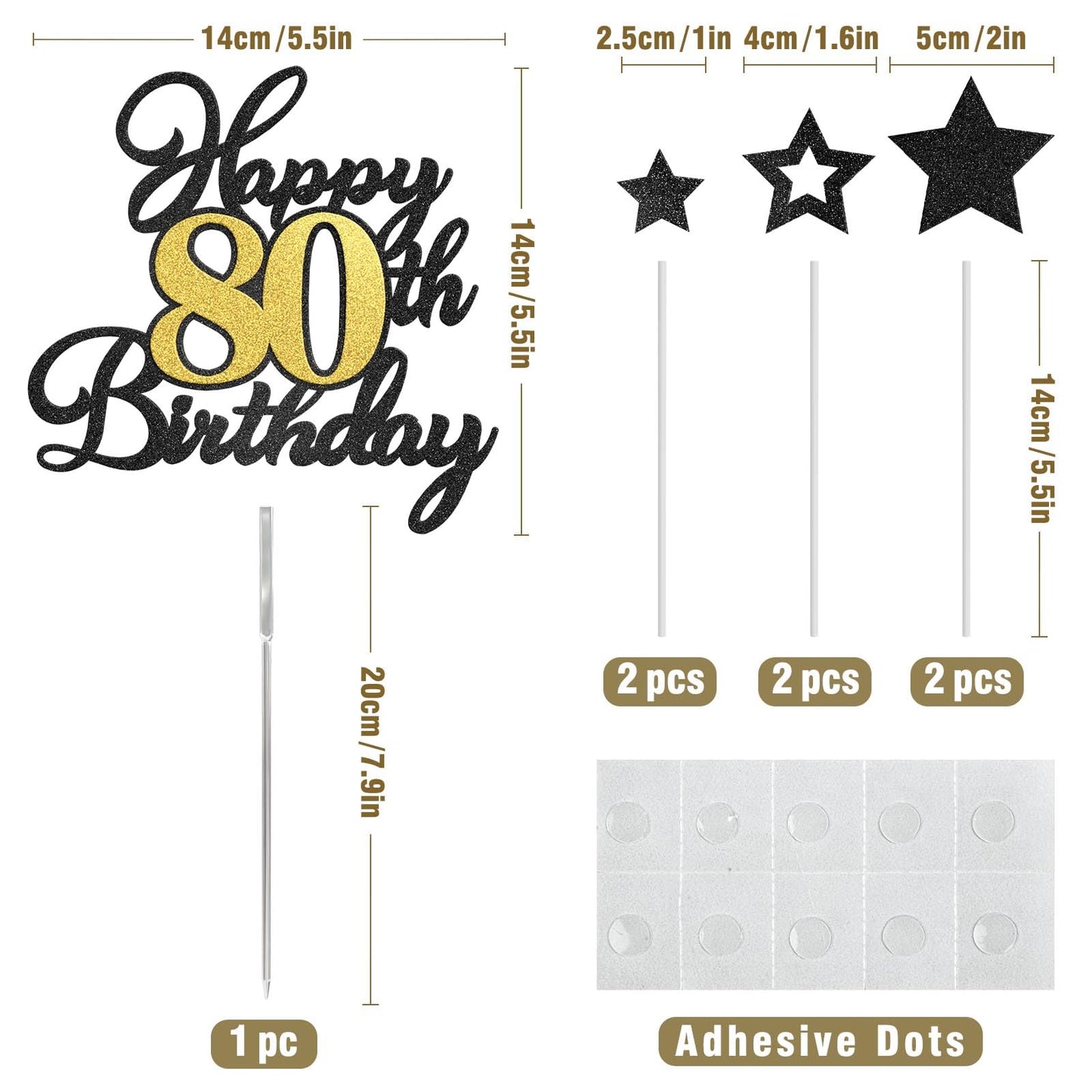 Happy 80Th Birthday Cake Toppers, Black Gold Glitter Cake Decorations Set, 80Th Birthday Decor For Men Women, Birthday Anniversa