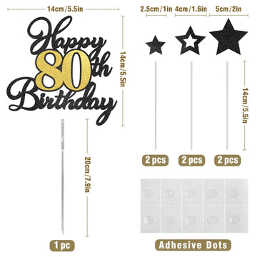 Happy 80Th Birthday Cake Toppers, Black Gold Glitter Cake Decorations Set, 80Th Birthday Decor For Men Women, Birthday Anniversa