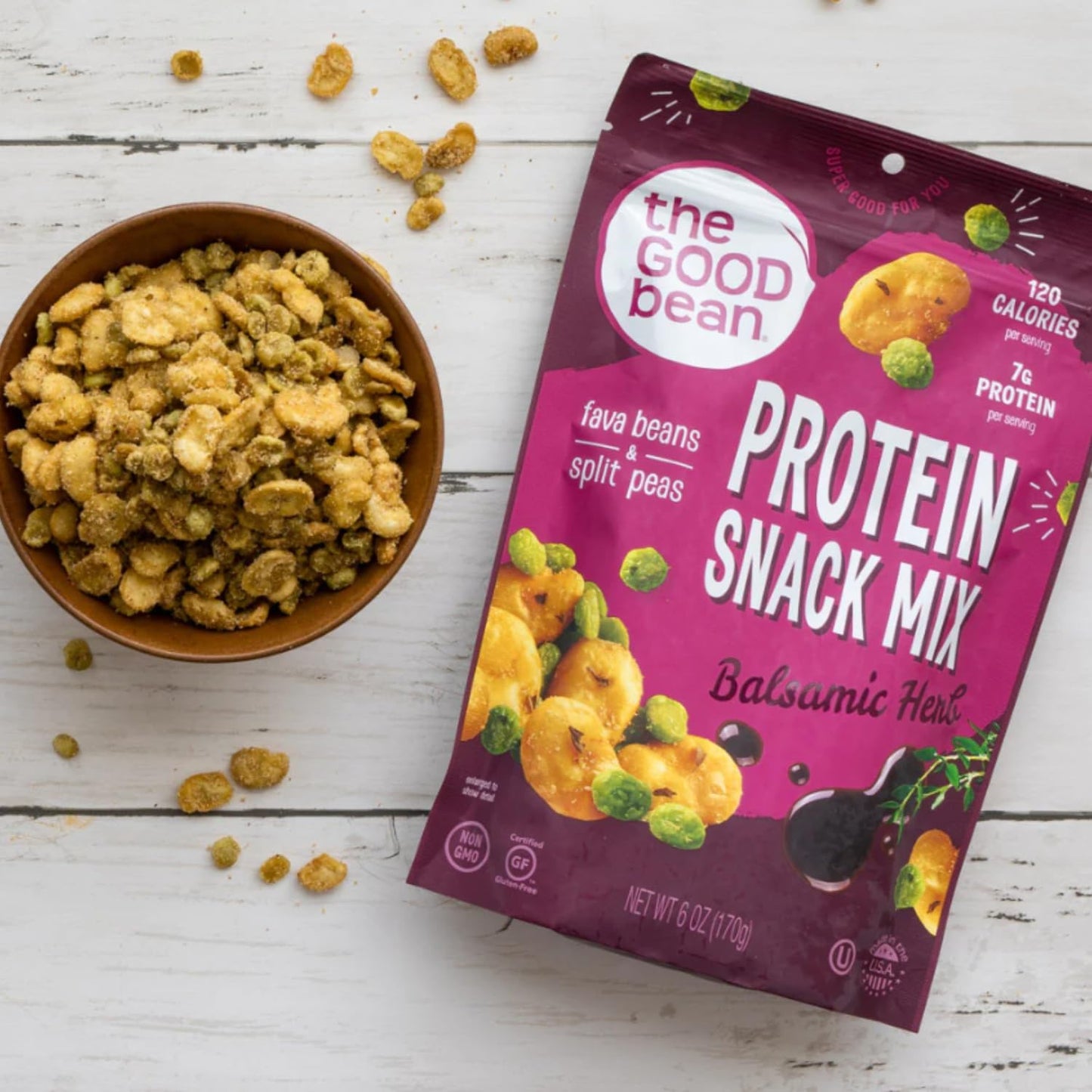 The Good Bean Protein Snack Mix - Balsamic Herb - (6 Pack) 6 Oz Resealable Bag - Fava Beans And Split Peas - Vegan Snack With Go