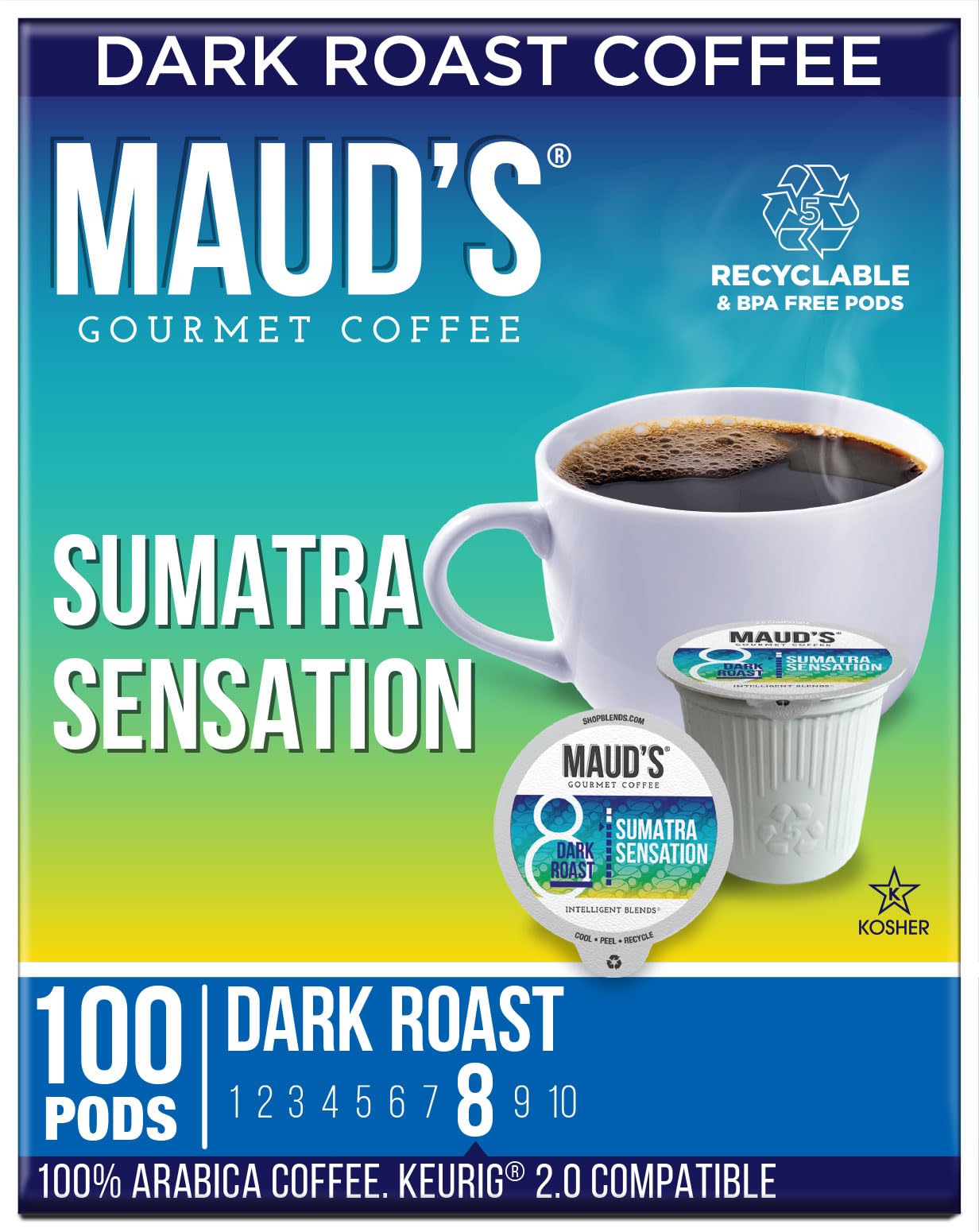 Mauds Sumatra Dark Roast Coffee Pods  100 ct | Sumatra Sensation Coffee | 100% Arabica Dark Roast Coffee | Solar Energy Produced Recyclable Pods Compatible with Keurig K Cups Maker