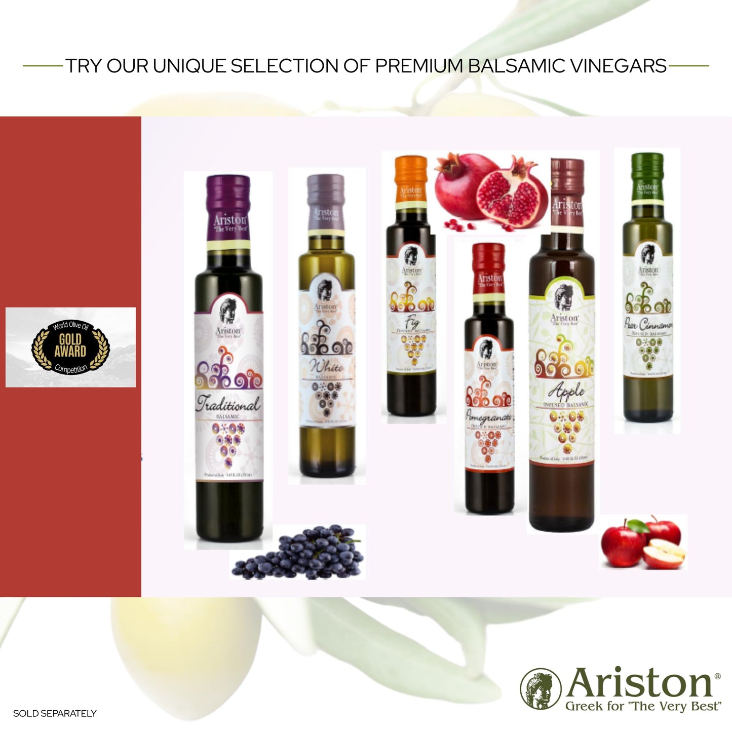 Ariston Balsamic Vinegar Set - 3 Bottles, Aged 250ml, Traditional Modena, Sweet Taste, Product of Italy