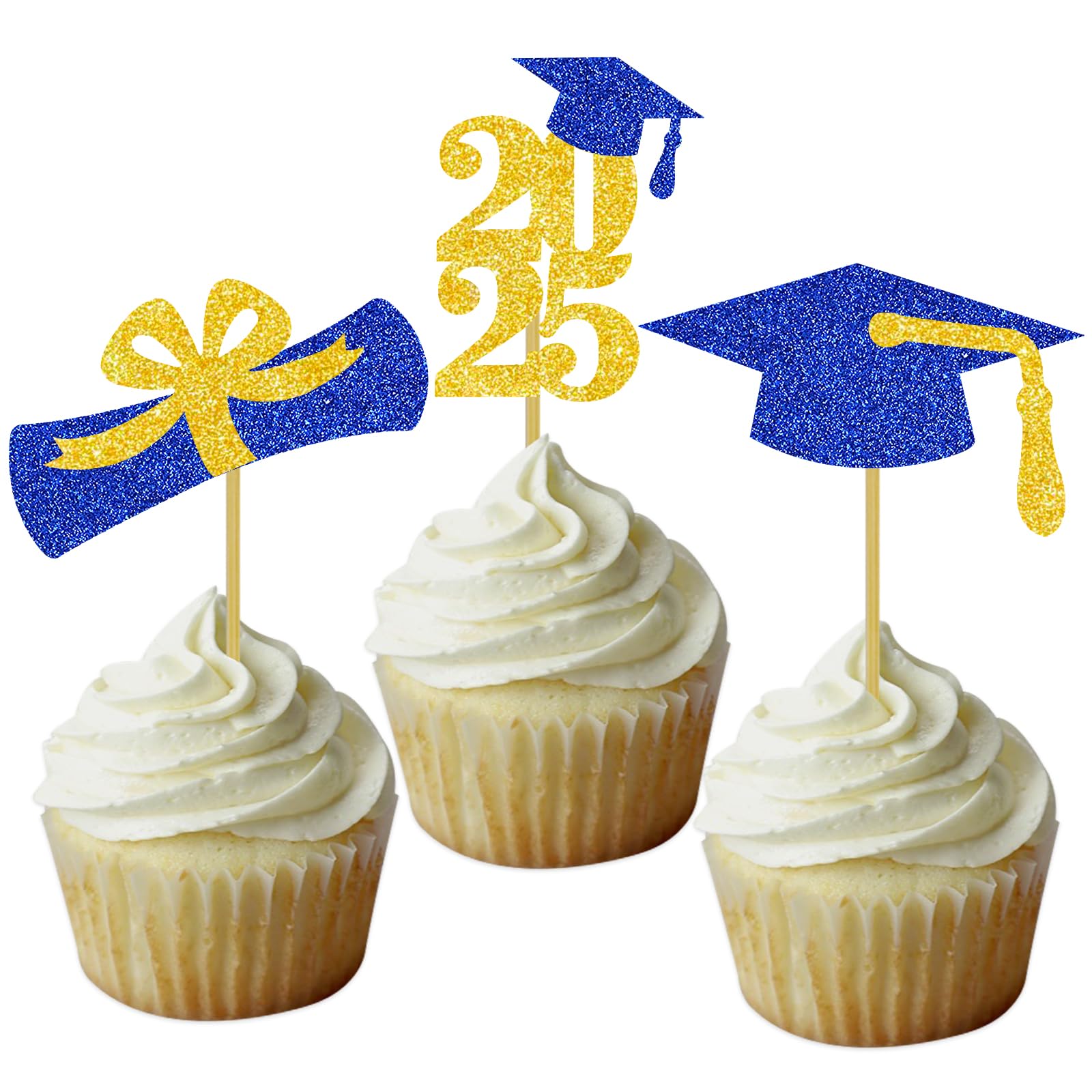 DOMOO OF DREAMS Graduation Cupcake Toppers, Blue Gold, Paper, 2x1.05 inches, 24 PCS, Grad Party Decoration