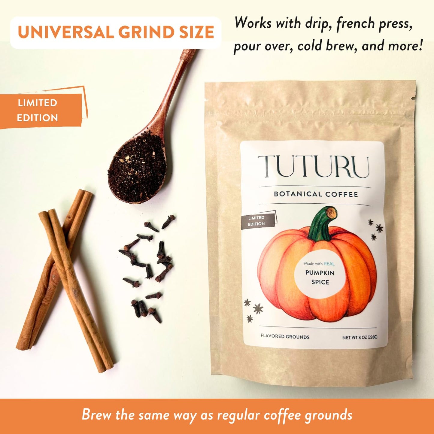 TUTURU Botanical Coffee Organic Pumpkin Spice Ground Coffee - Medium Roast, Low-Acid, 8 oz, 22 Servings