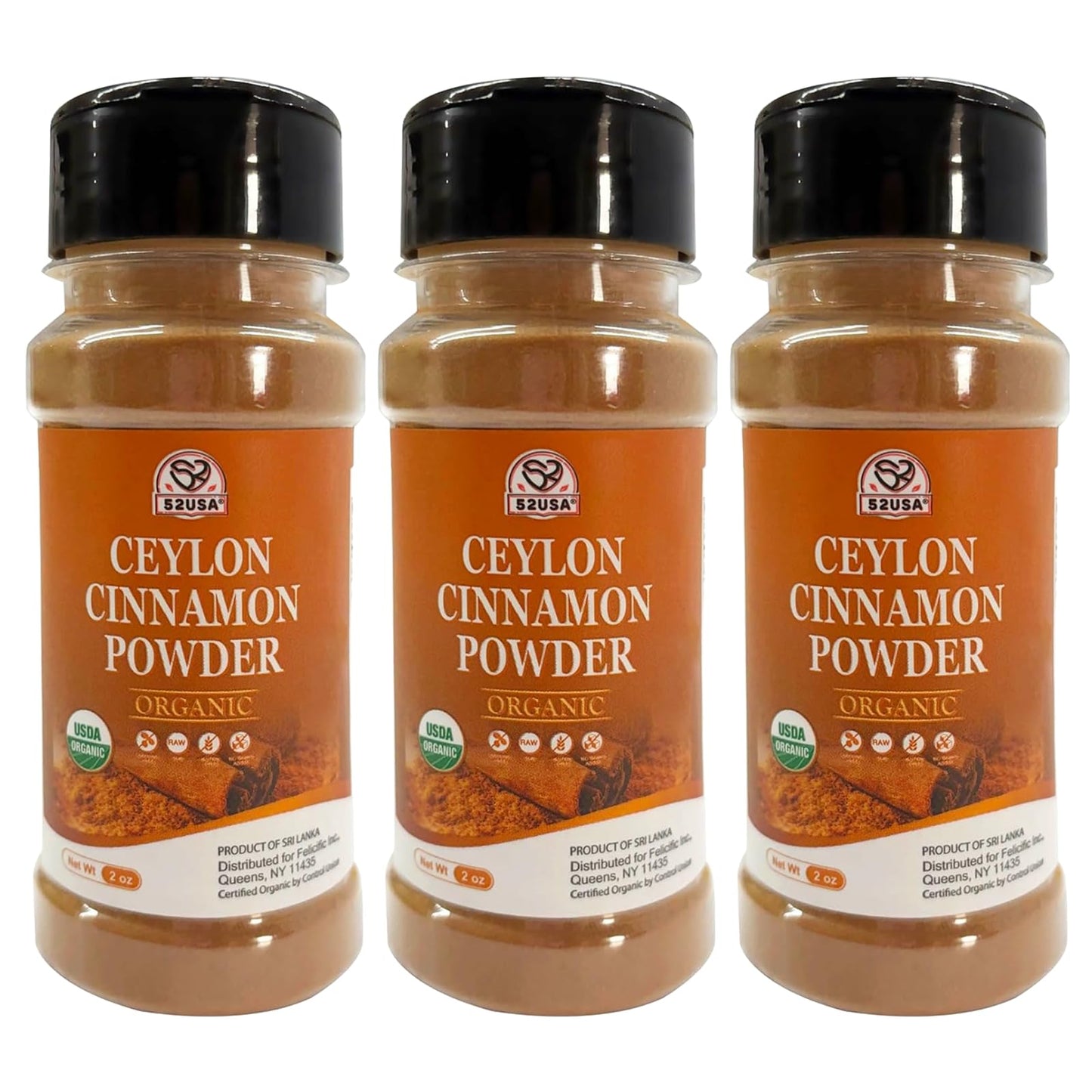 52USA Organic Ceylon Cinnamon Powder  2 Ounce (Pack of 3)  True Cinnamon Farmed in Sri Lanka  Non-GMO  Gluten-Free  Perfect for Baking  Cooking and Beverages