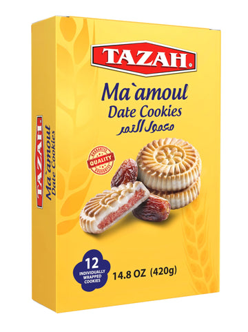 Tazah Maamoul Cookies Date Snack 100% Natural Date Filled Shortbread Date Cookies - 12 Count Individually Wrapped Mamoul