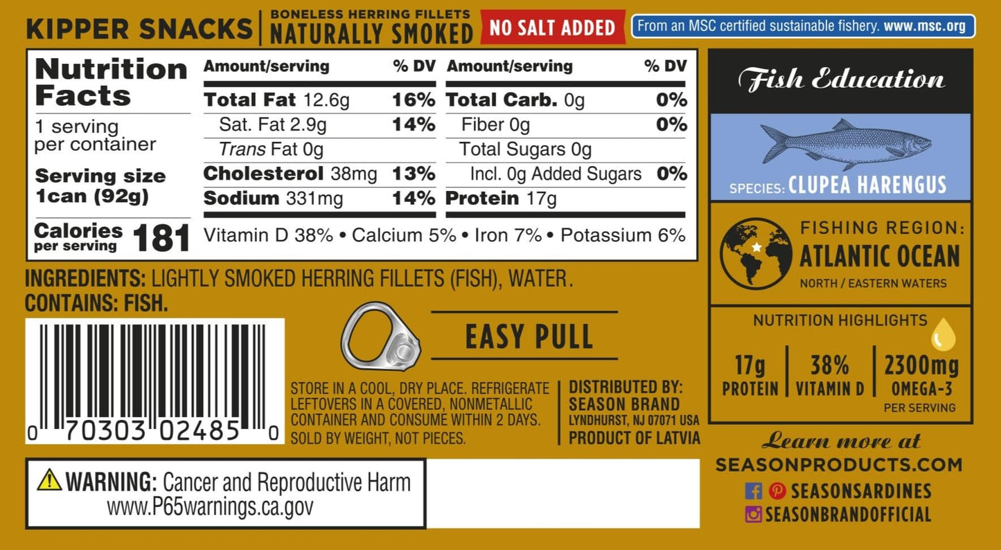 SEASON Kipper Snacks Boneless Herring Fillets, No Salt Added, 18g Protein, 3.25 Oz, 12-Pack, Naturally Smoked, Wild Caught, Non-G
