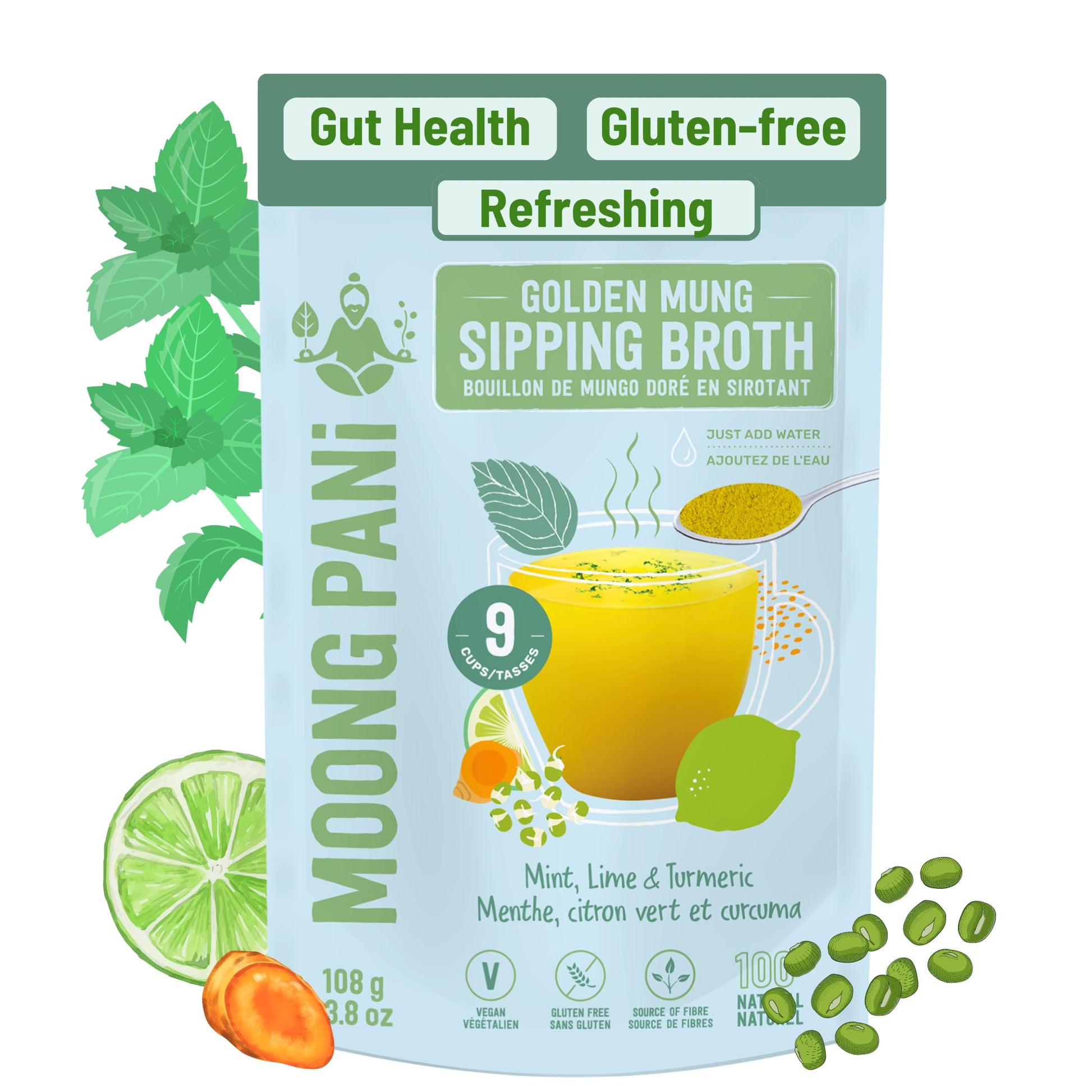 MOONG PANI Vegetable Broth Soup Powder (Mint, Lime & Turmeric) Gluten-Free, Lower Sodium, Detox, All Natural, Keto, Fiber Protei