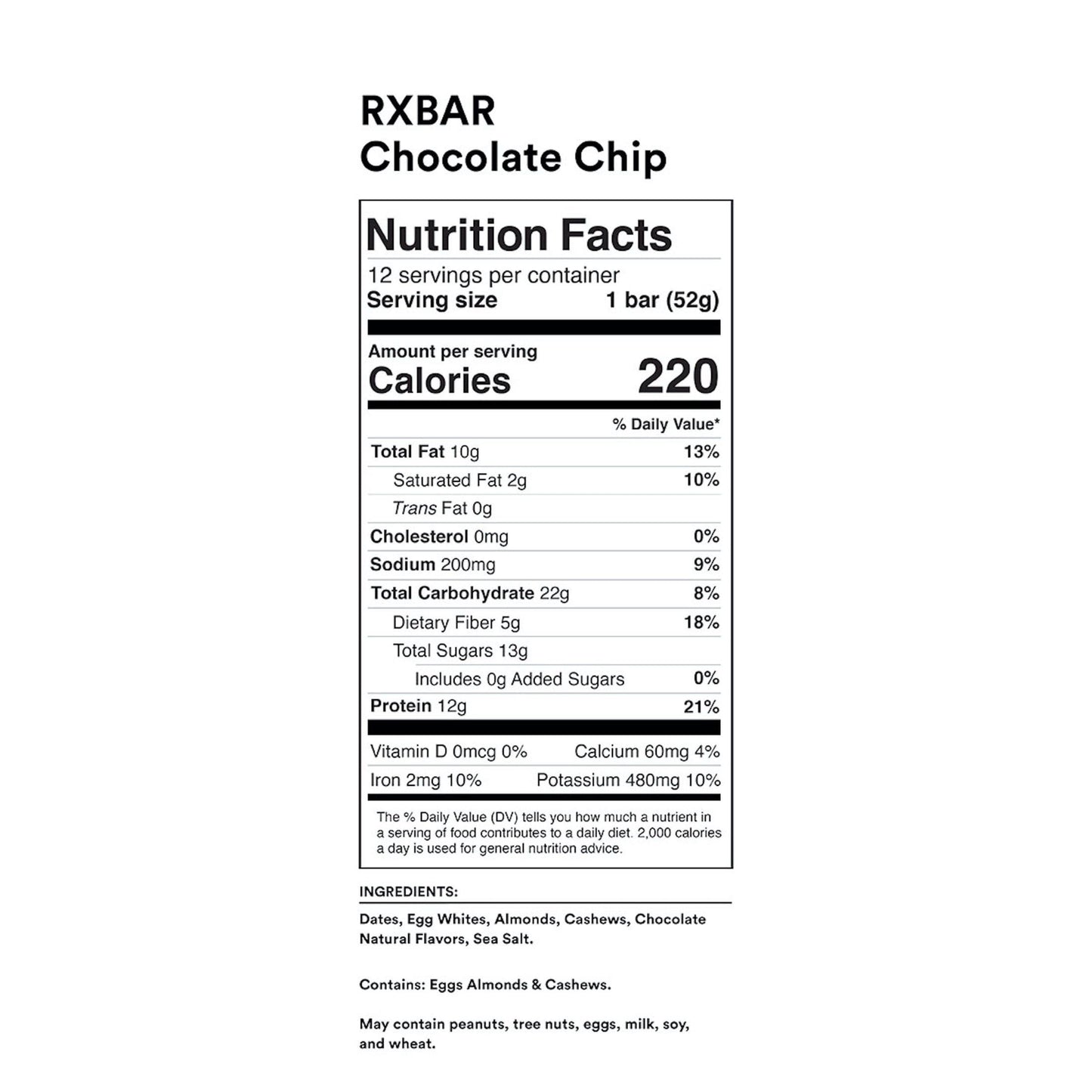 Rxbar Protein Bars, Protein Snack, Snack Bars, Chocolate Chip, 22Oz Box (12 Bars)