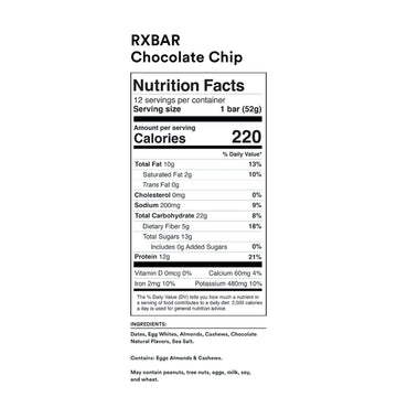 Rxbar Protein Bars, Protein Snack, Snack Bars, Chocolate Chip, 22Oz Box (12 Bars)