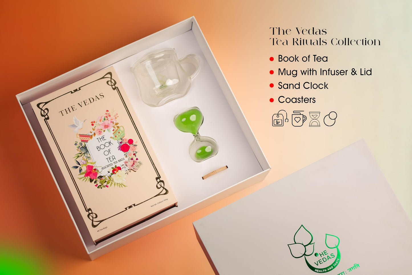 The Vedas Tea Chest Enhanced Tea Gift Set | 48 Handstitched Cotton Teabags | 12 Flavours | 1 The Vedas Branded Mug With Infuser | 1 Sand Clock Specially Designed For Our Teas | 1 Coaster