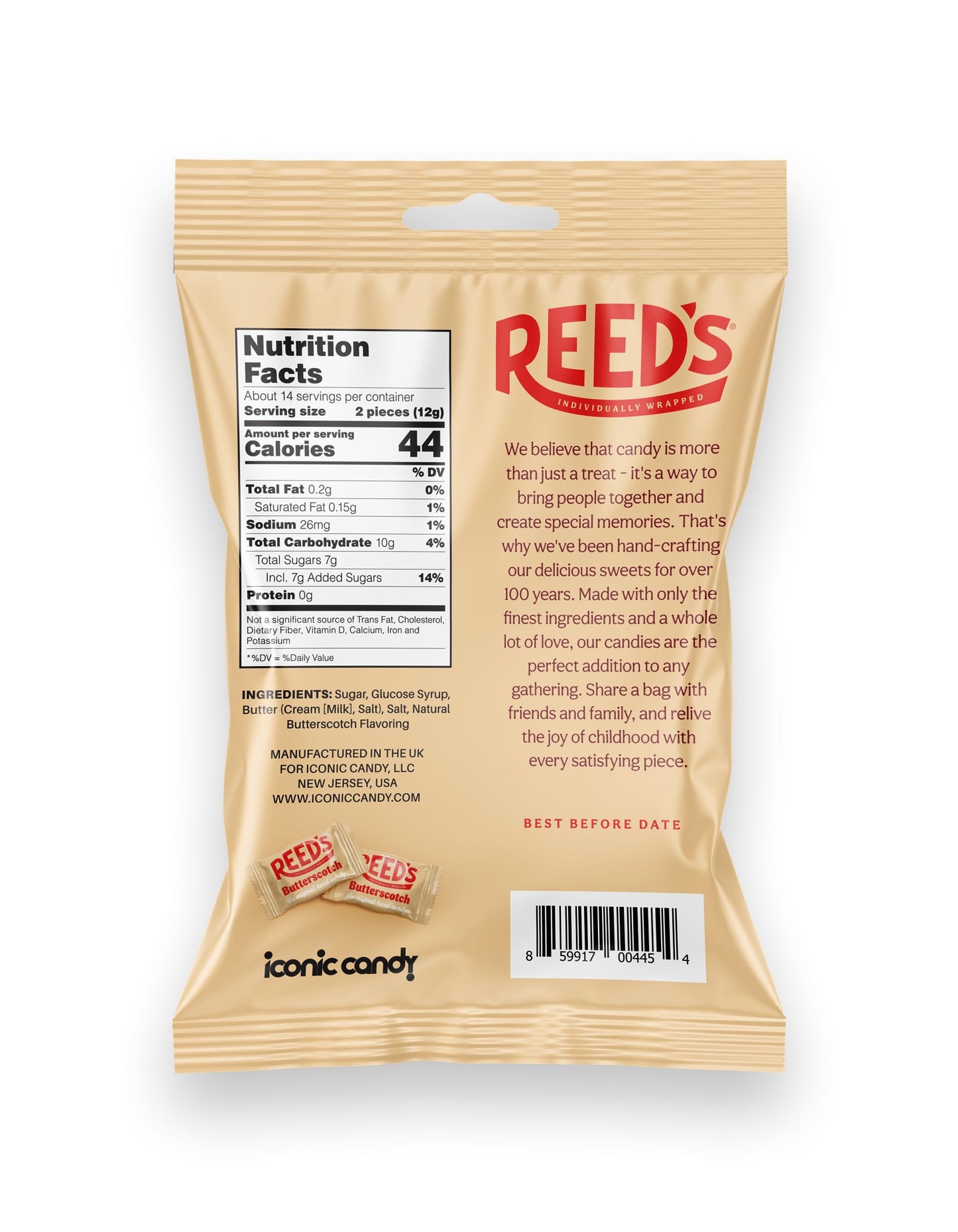 Reeds Butterscotch Hard Candy - Creamy Old-Fashioned Treat, 6.25oz Peg Bag
