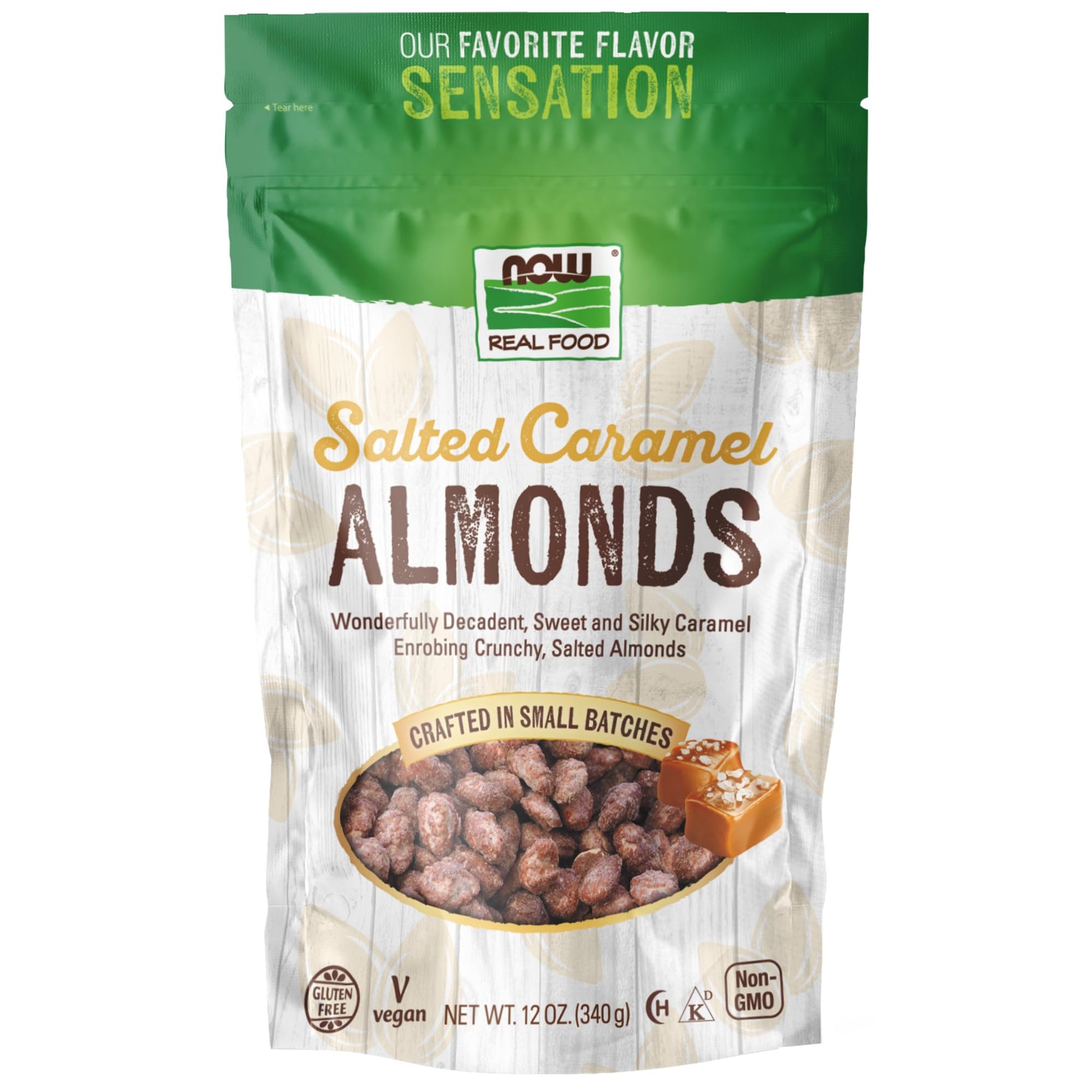 NOW Foods Salted Caramel Almonds, Dry Roasted, 12-Ounce, Crafted in Small Batches, Model NOW07042