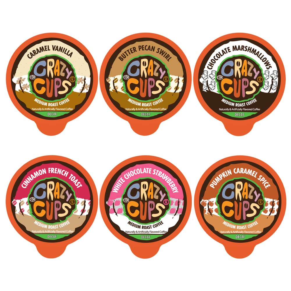 Crazy Cups Flavored Decaf Coffee Variety Pack, 96 Recyclable Pods, Hot or Iced, 6 Count (Pack of 4)