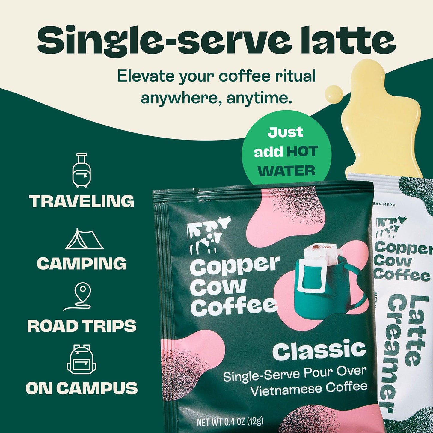 Copper Cow Coffee Premium Vietnamese Coffee: Single-Serve Classic Lattes (8 Lattes, Includes: 8 Coffees & 8 Milk Creamers)