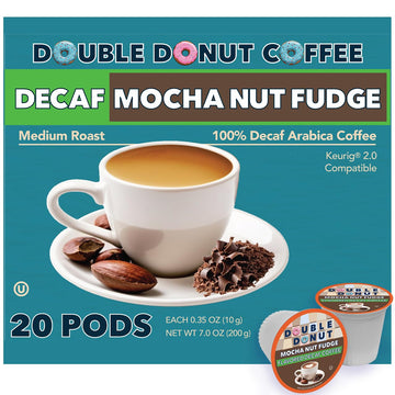 Double Donut Coffee Medium Roast Decaf Coffee Pods, Mocha Nut Fudge Flavored, For Keurig K-Cup Machines, 20 Single-Serve Capsules Per Box