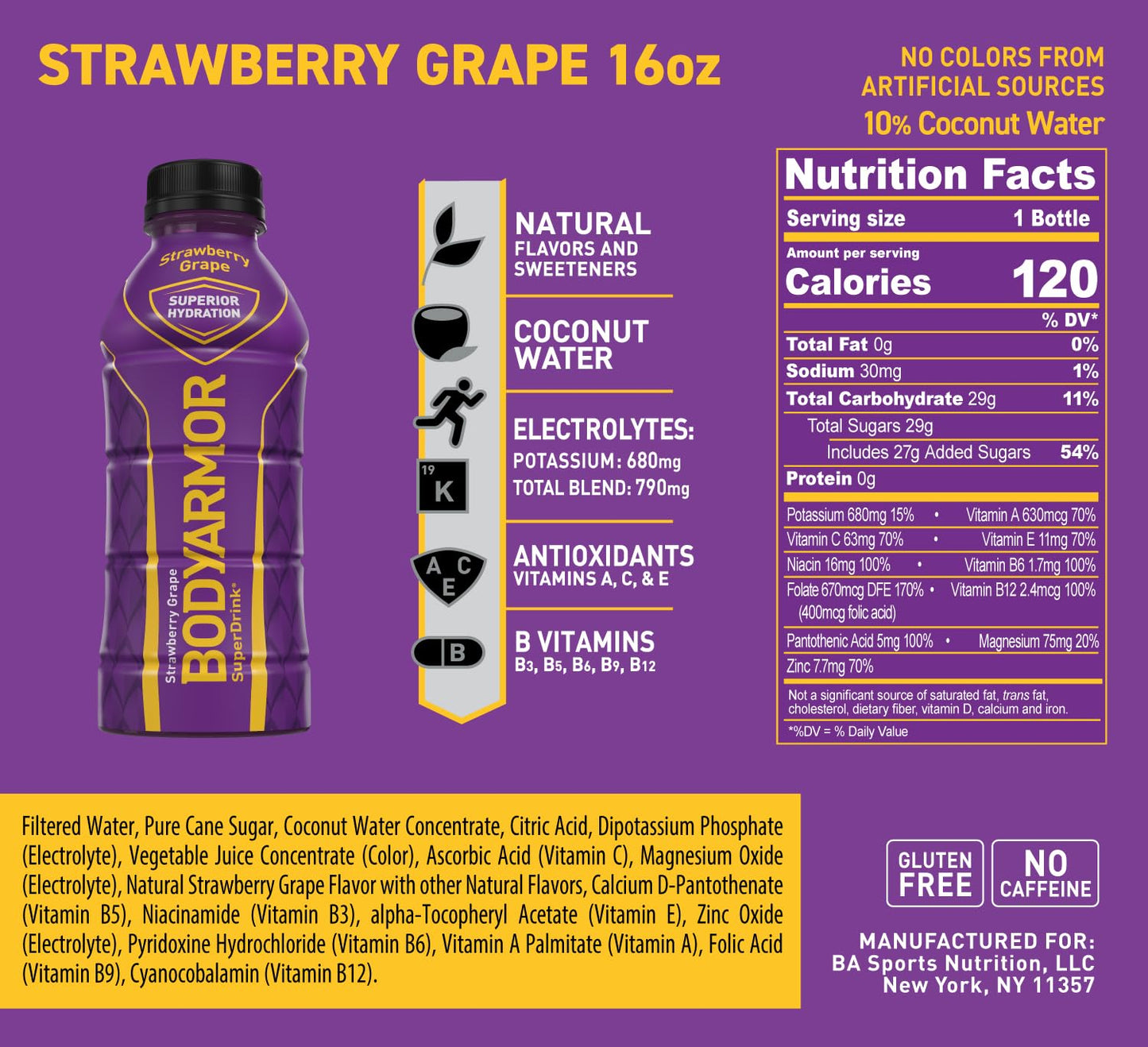 BODYARMOR Sports Drink Sports Beverage, Strawberry Grape, Coconut Water Hydration, Natural Flavors With Vitamins, Potassium-Pack