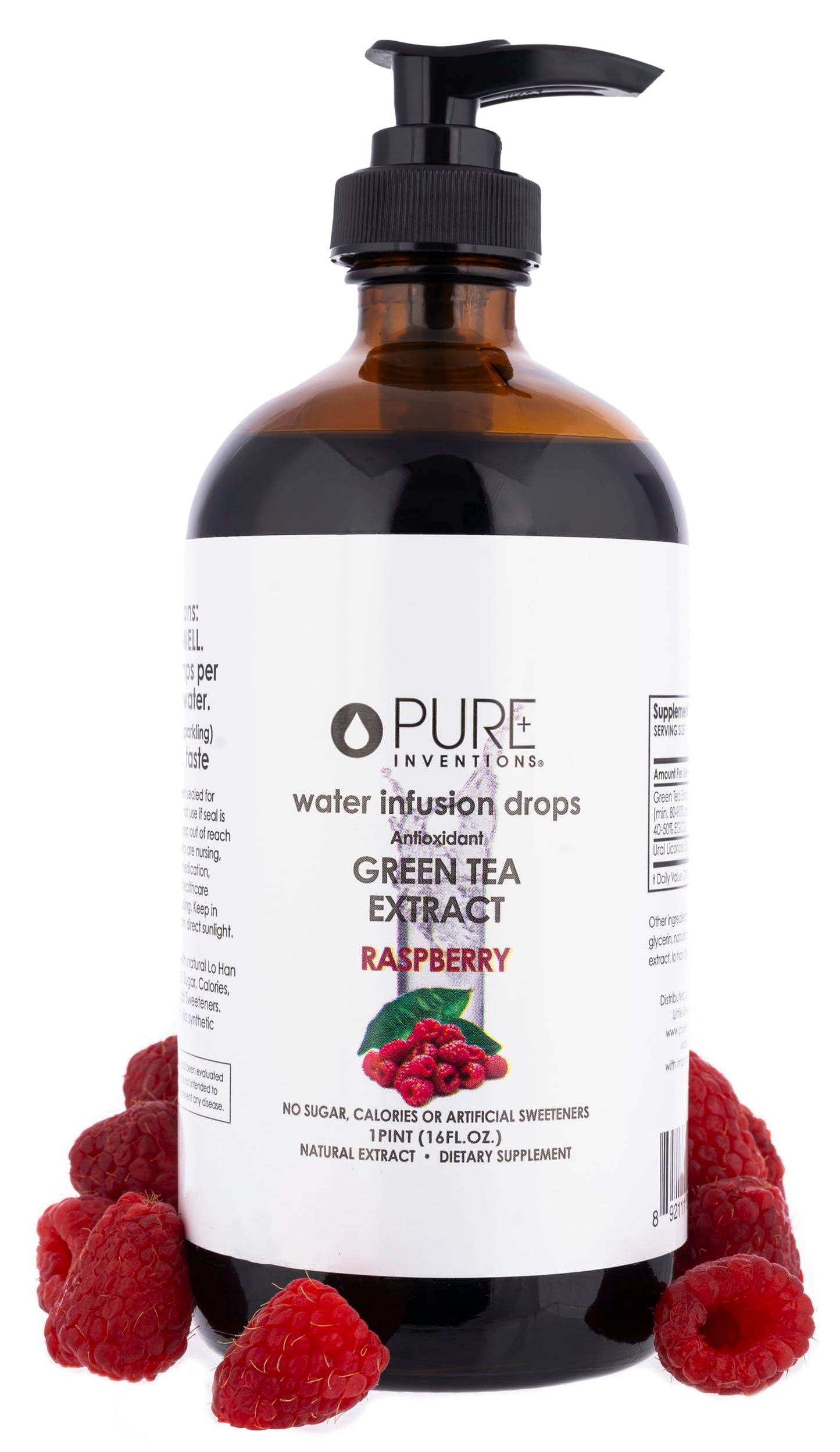 Pure Inventions Green Tea Raspberry Infusion Drops - Antioxidants & Electrolytes - 16 Fl Oz - Sugar Free, Zero Calorie