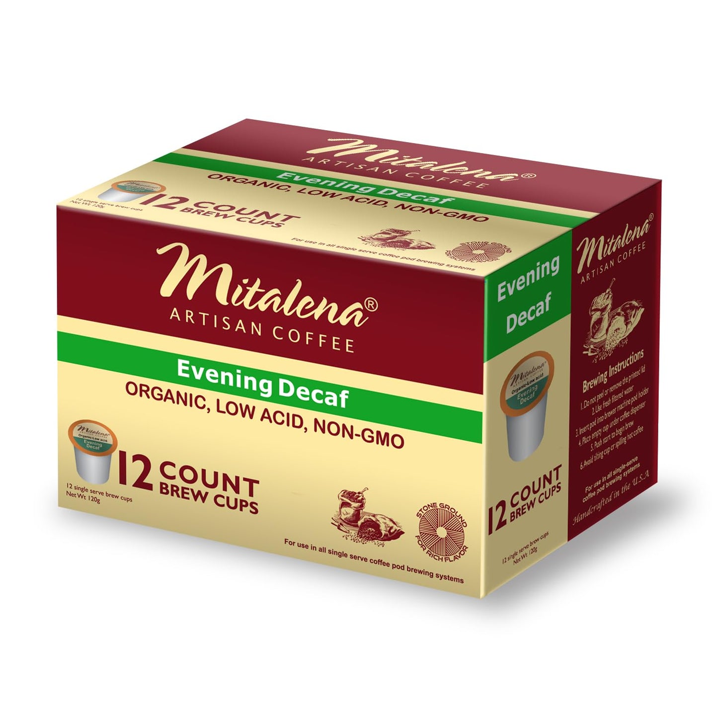Mitalena Gourmet Coffee Evening Decaf Organic Low Acid Pods, 12 K Cups, Compatible with Keurig, Chemical Free, Water Process