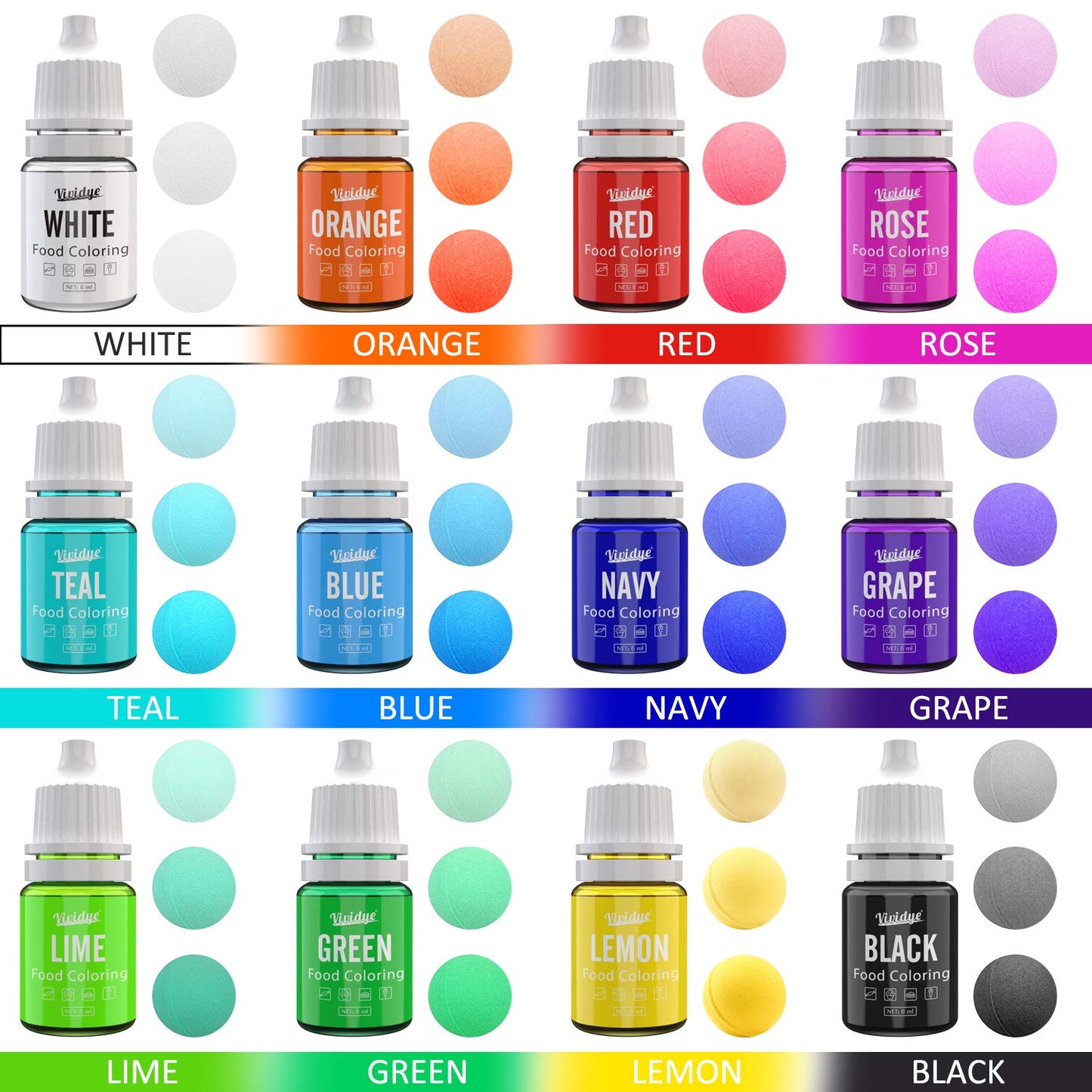 Vividye Food Coloring Set - 12 Liquid Tasteless Colors for Baking, 0.25 Fl Oz Bottles, Includes Red, Blue, Green, and More